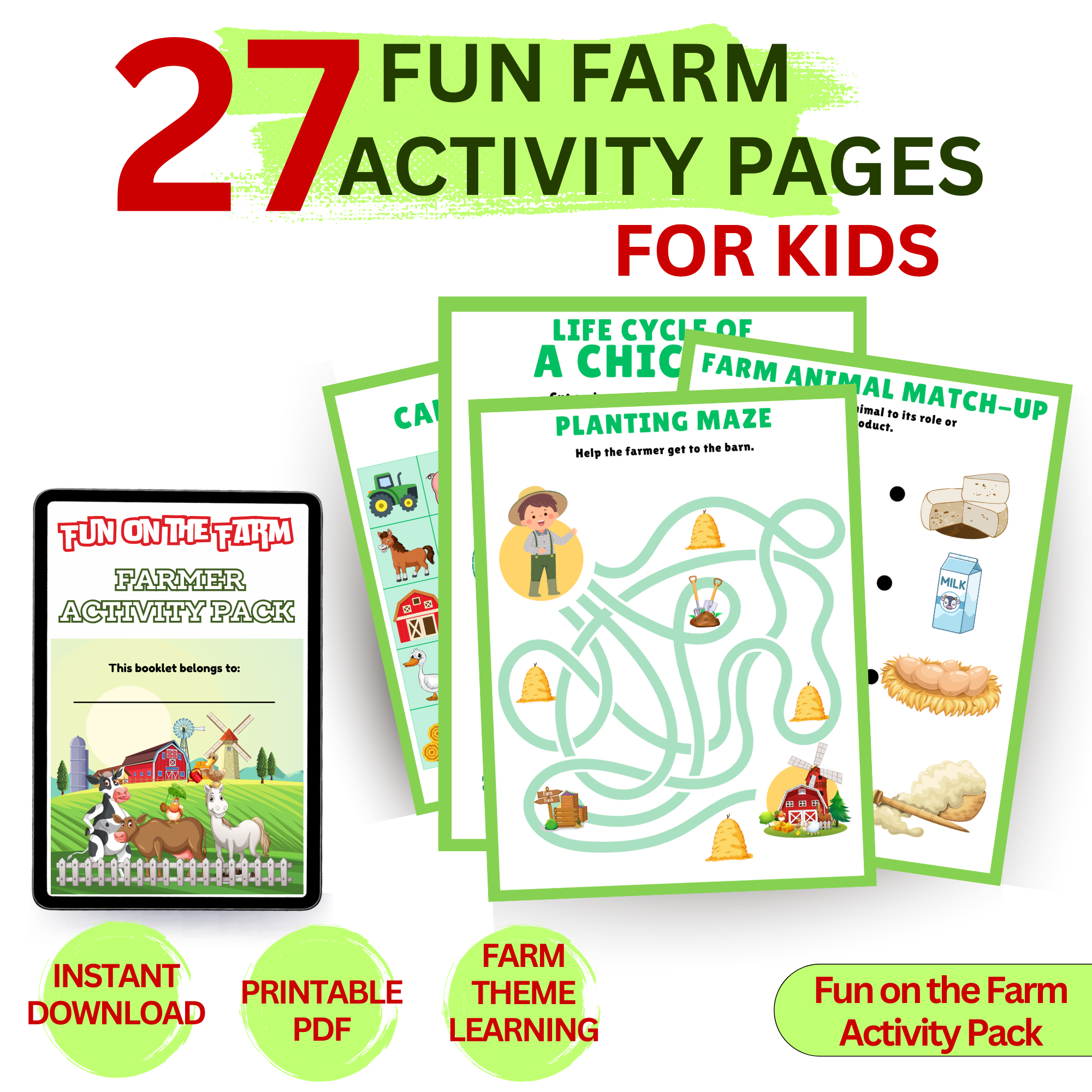 27 page farm activity pack for kids printable PDF featuring farm worksheets