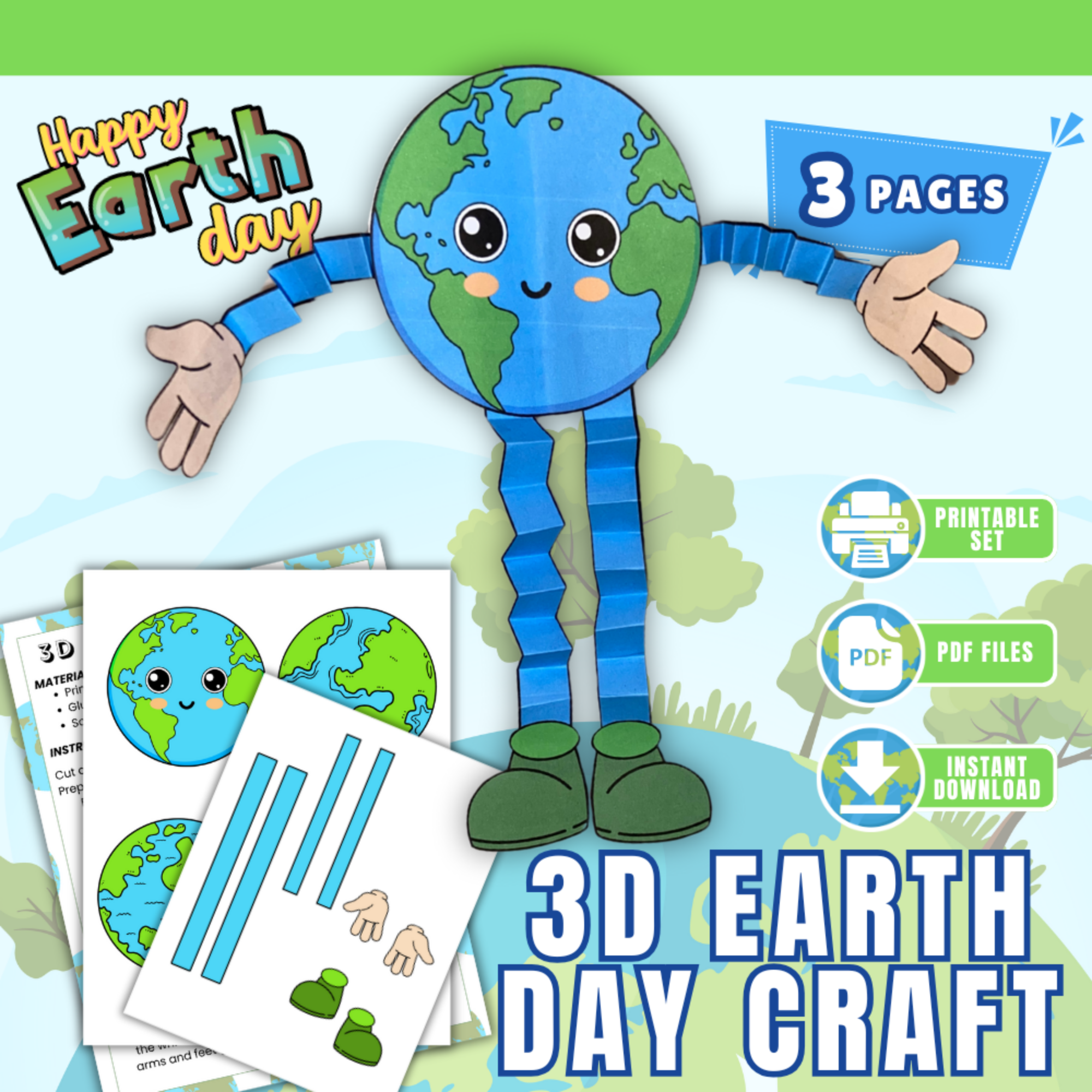3D Earth Day craft printable for kids showing cute earth character with arms and legs, instant download PDF activity