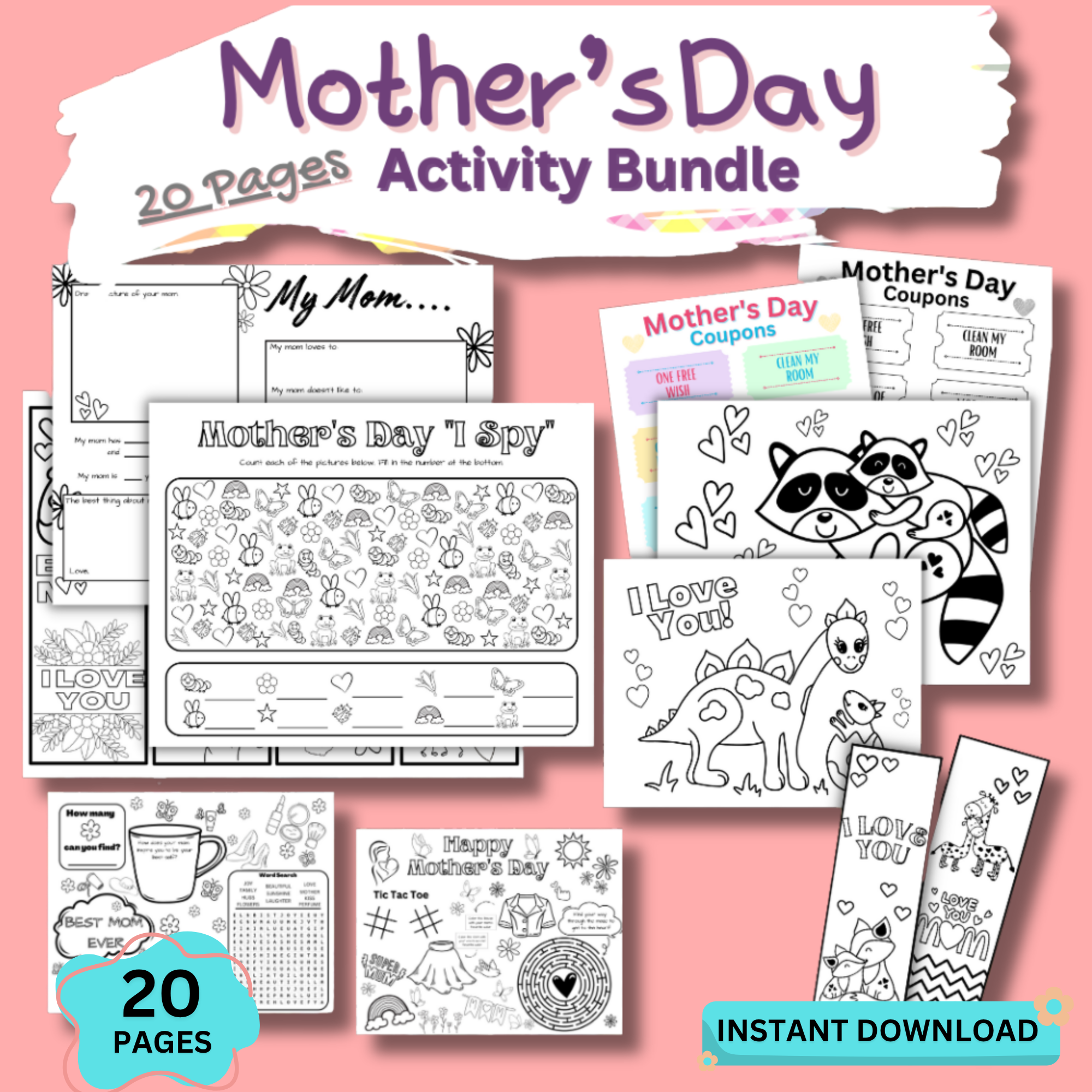 Mother’s Day activity bundle printable with coloring pages, I Spy game, coupons, and kids worksheets, 20 pages instant download