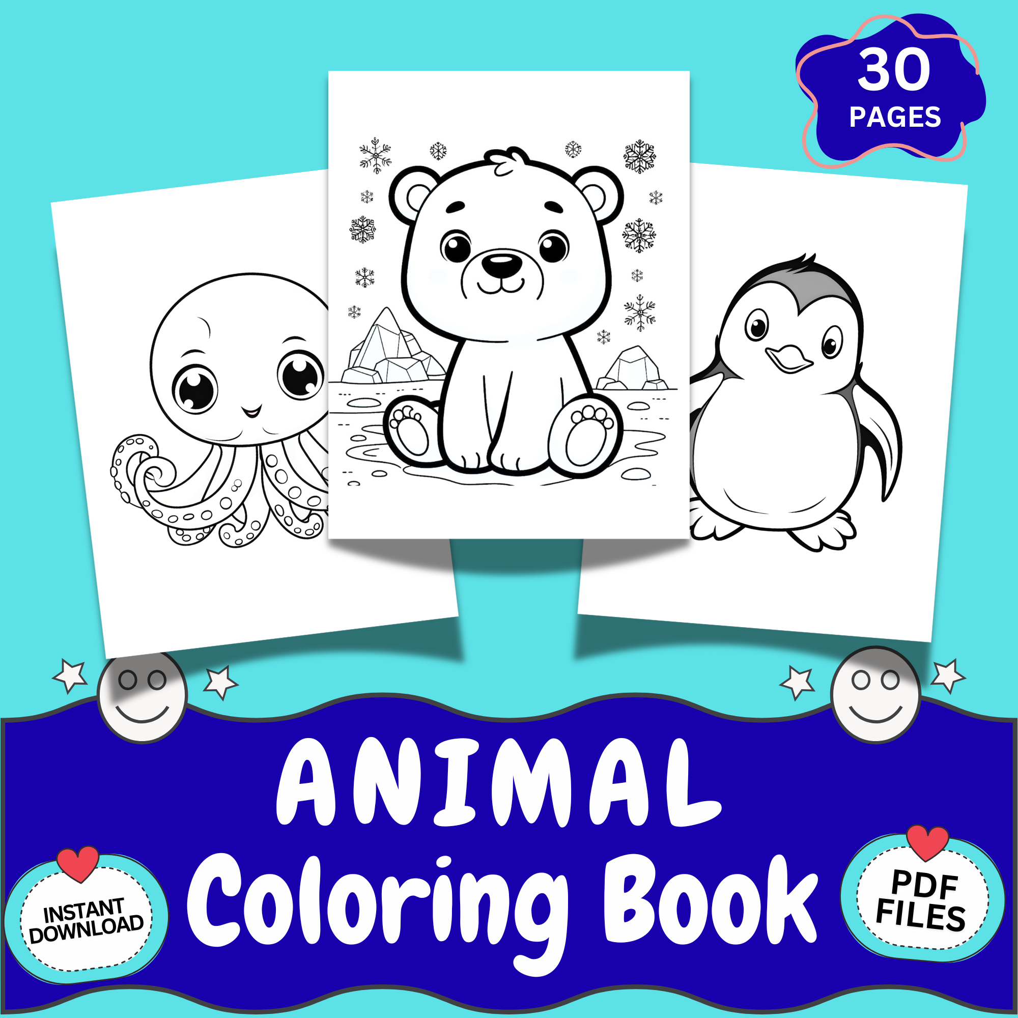 Animal coloring book printable cover showing 30 pages of cute animal coloring sheets including bear, octopus, and penguin for kids