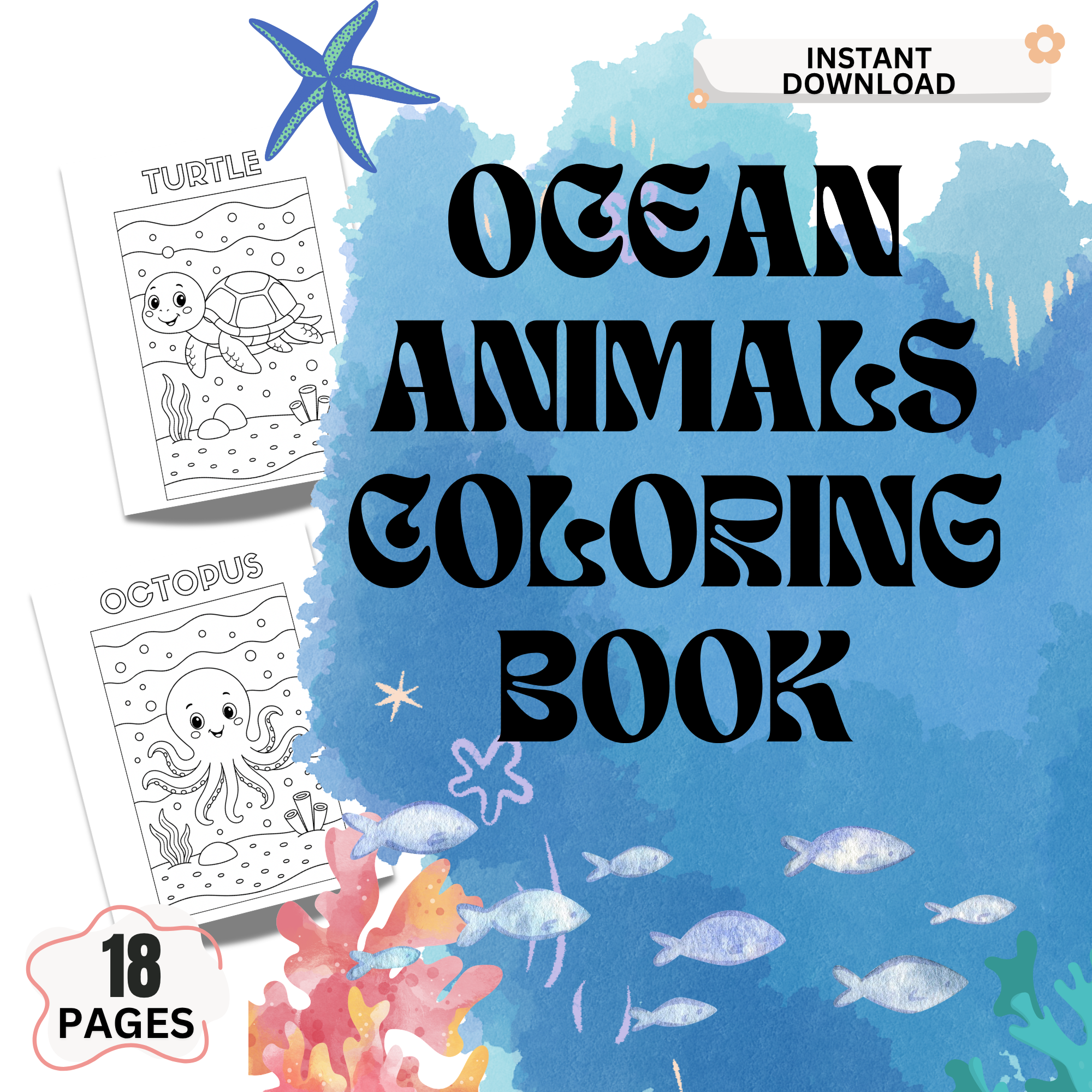 Ocean animals coloring book printable for kids with 19 pages featuring sea animals and instant download PDF activity
