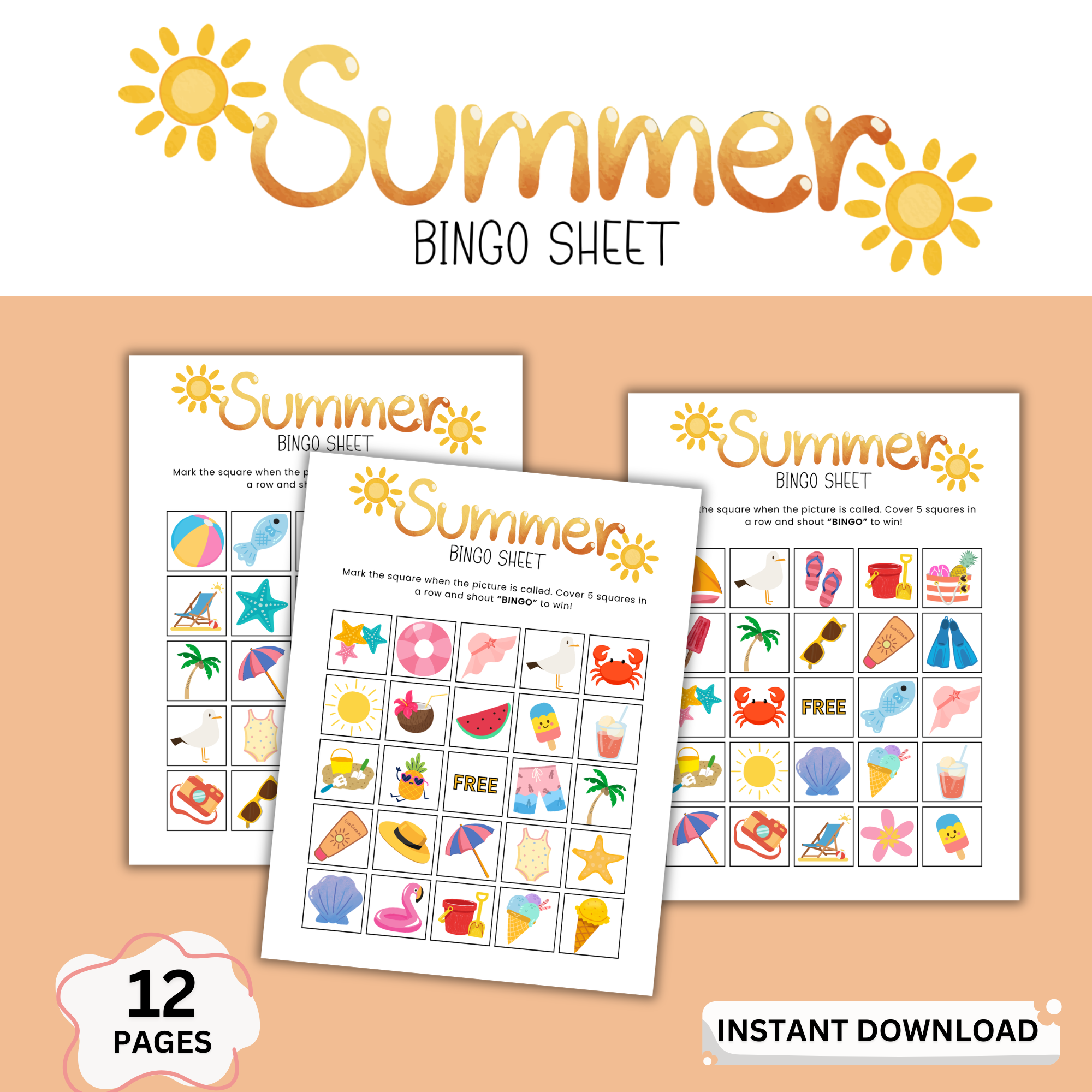 Summer bingo cards printable for kids featuring colorful beach-themed icons like ice cream, flip flops, sun, and tropical items for fun party games.