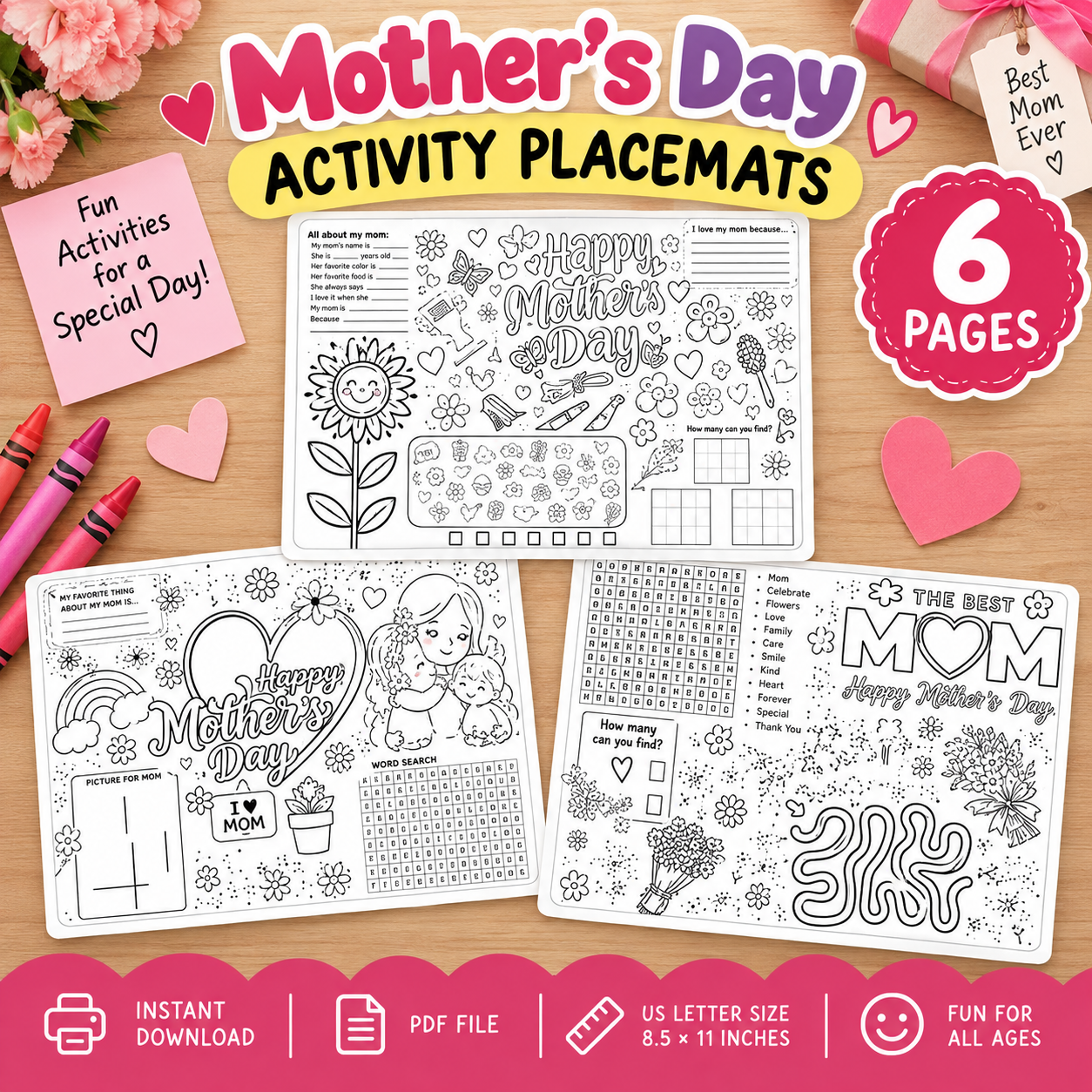 Mother’s Day Activity Placemats Printable PDF for Kids | Coloring, Games & Word Search | Instant Download