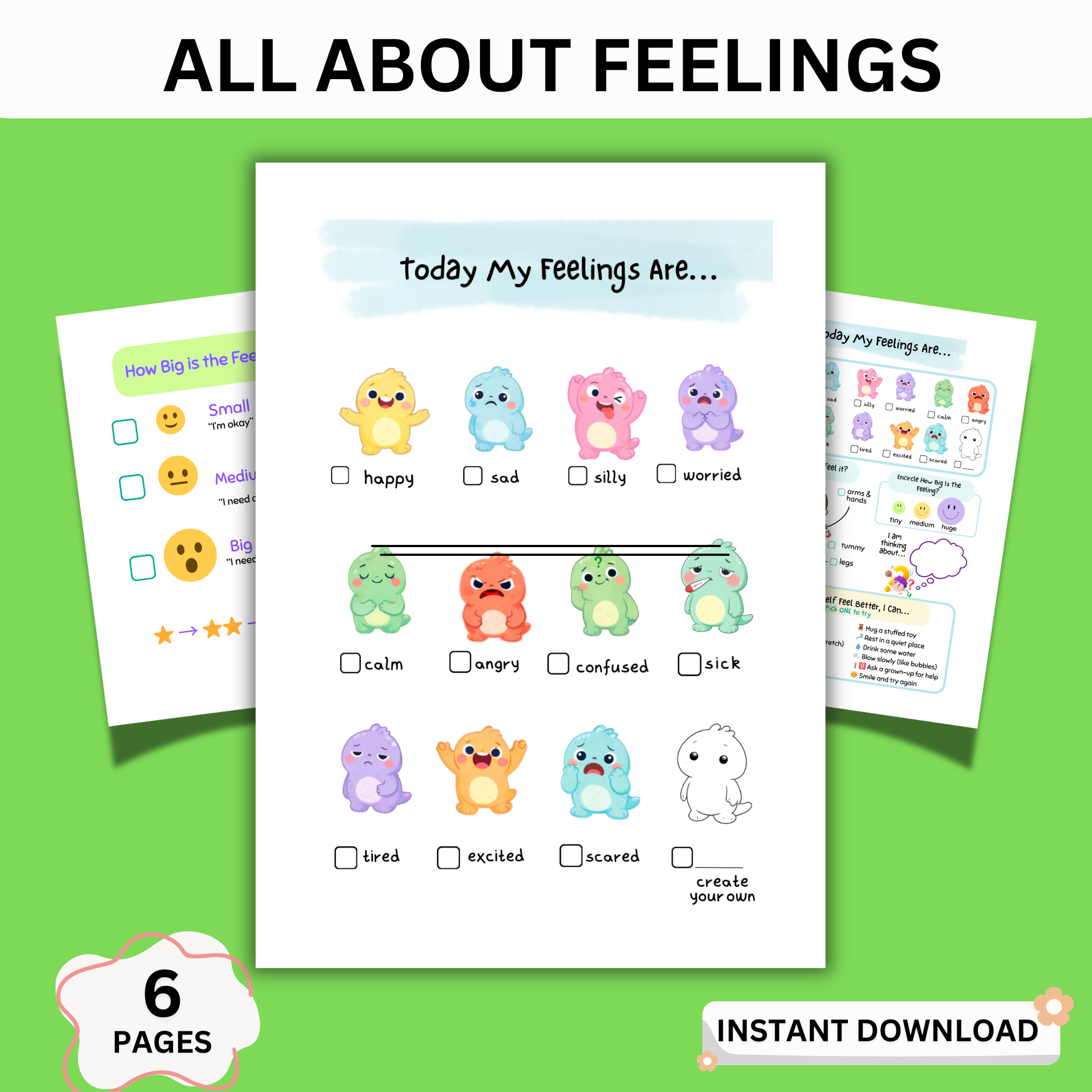 All about my feelings worksheet printable for kids showing emotions chart with happy, sad, angry, and coping skills activities for social emotional learning.