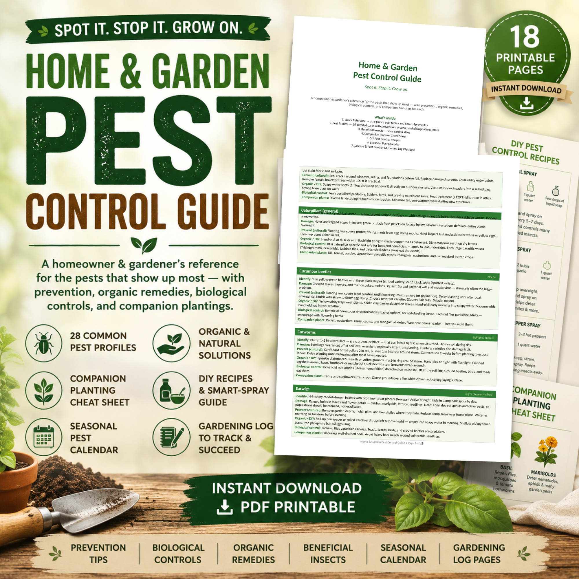 Home and Garden Pest Control Guide printable PDF mockup featuring pest profile pages, DIY pest control recipes, companion planting guide, and organic gardening reference pages.