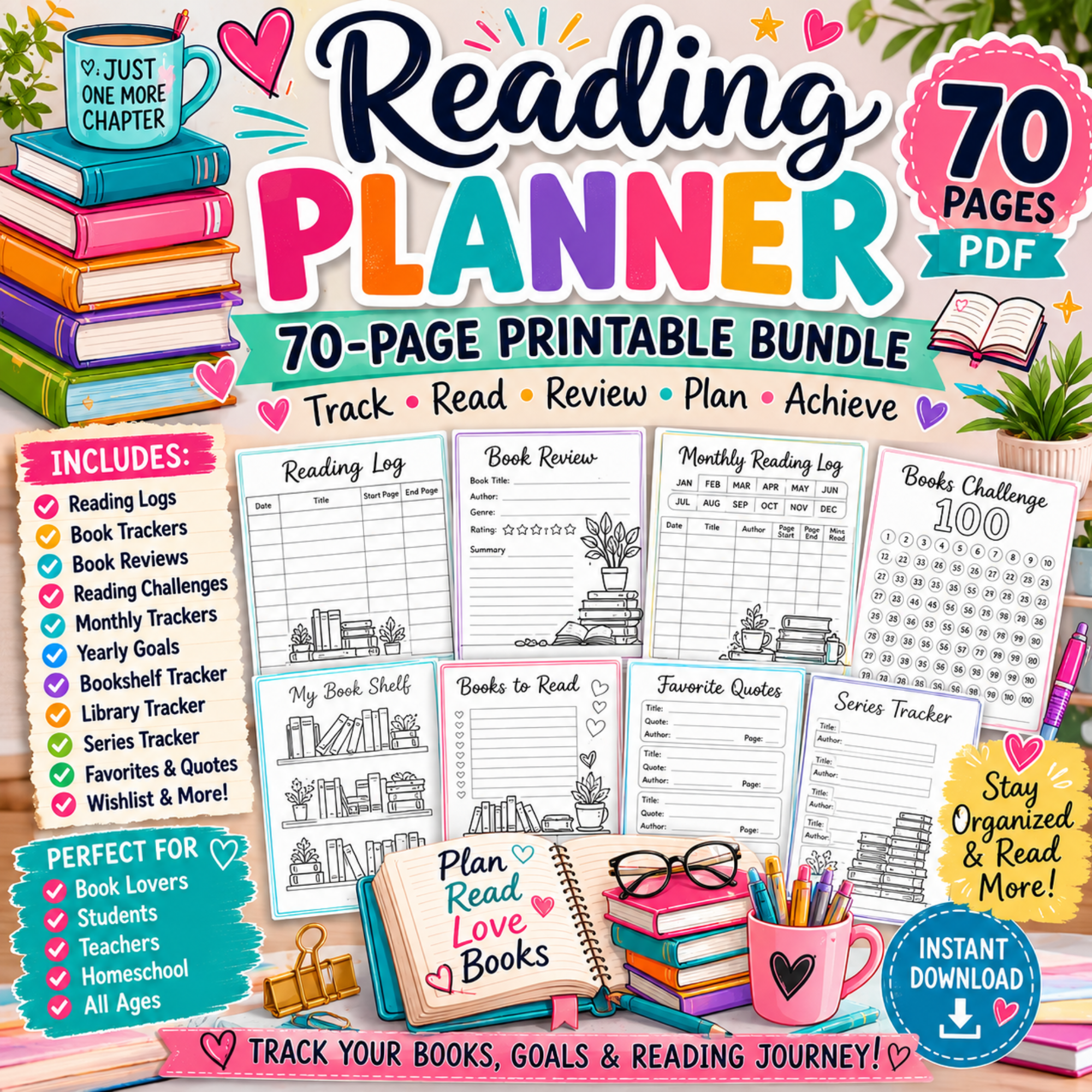 Colorful Reading Planner printable bundle featuring reading logs, book reviews, reading challenges, bookshelf trackers, favorite quotes pages, and a 70-page PDF for book lovers.