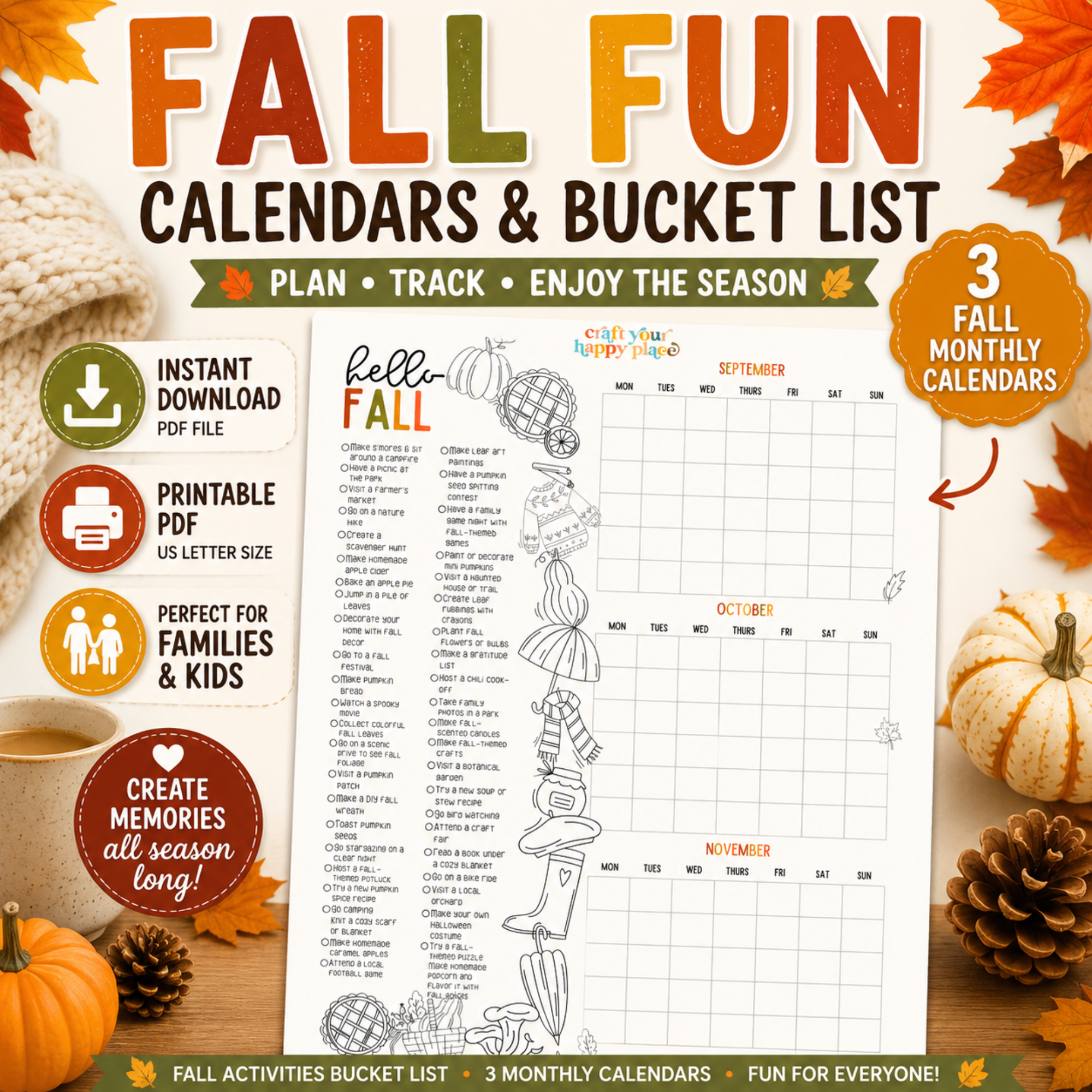 Fall Fun Calendars and Bucket List printable featuring September, October, and November monthly calendars with autumn-themed activities, pumpkins, leaves, and cozy seasonal decorations.