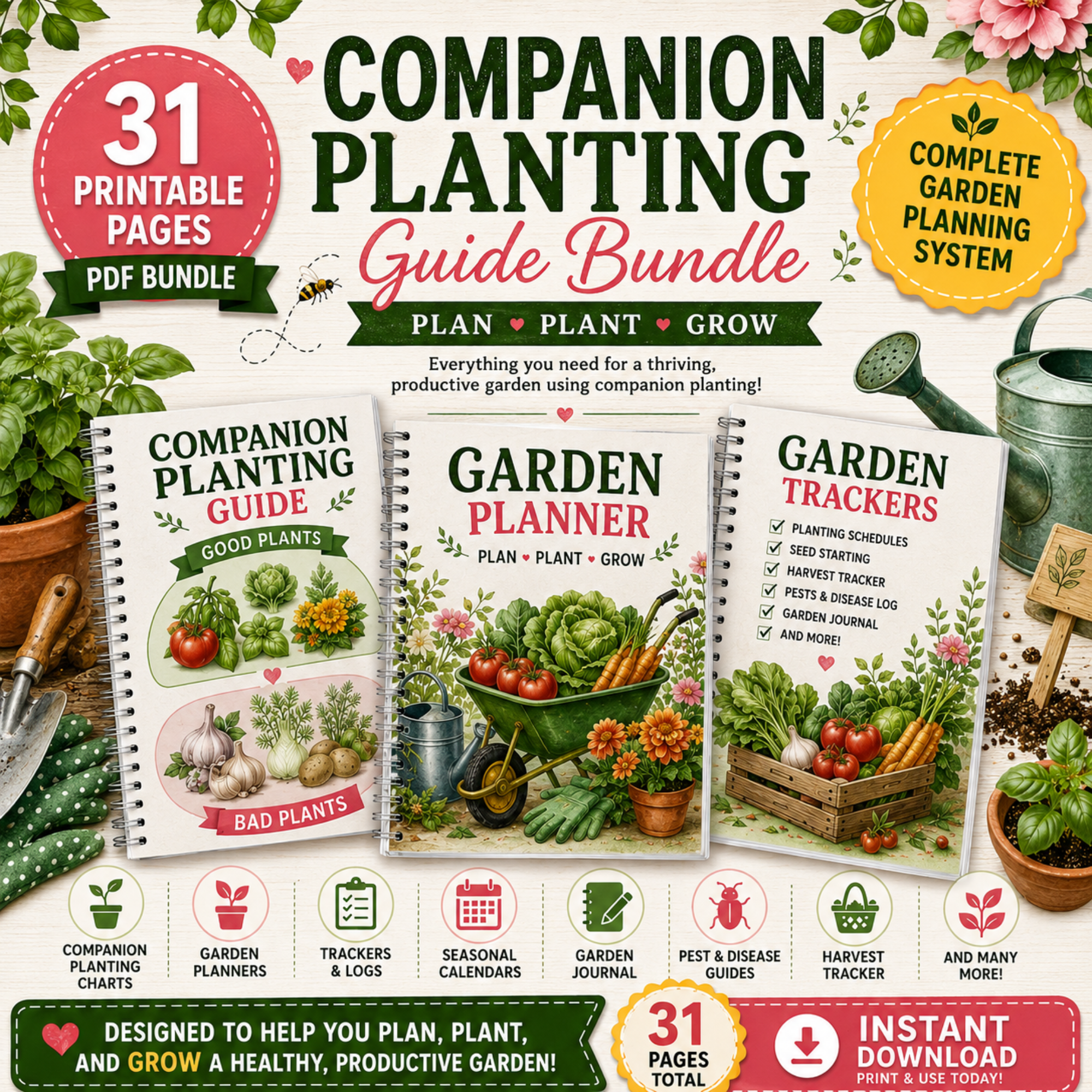 Companion planting guide bundle printable PDF with 31 pages including garden planner, companion planting charts, trackers, and gardening resources