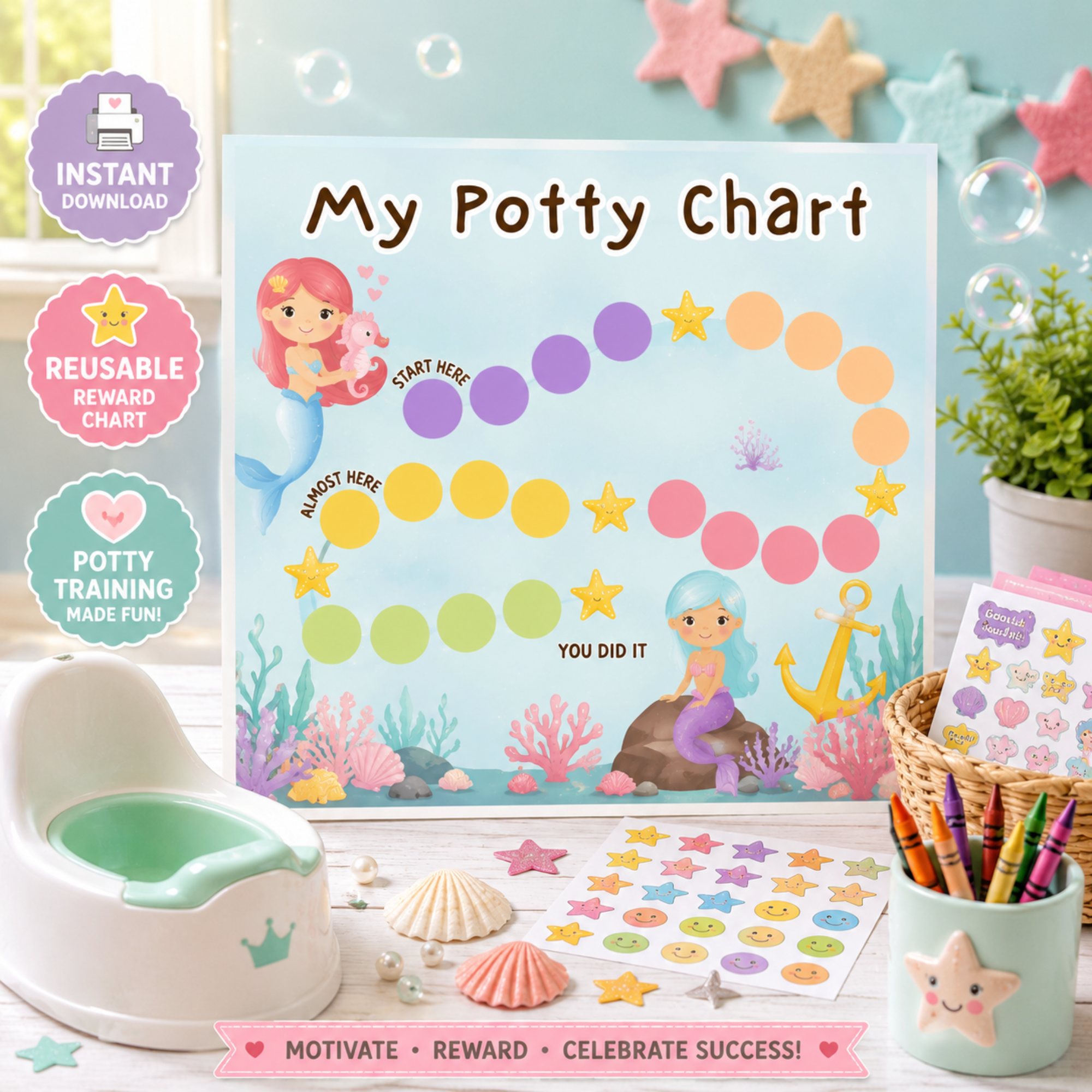 Hero image featuring a Mermaid Potty Training Chart printable with a colorful reward path, reusable sticker chart, toddler potty, pastel nursery decor, and under-the-sea themed accessories for positive potty training.
