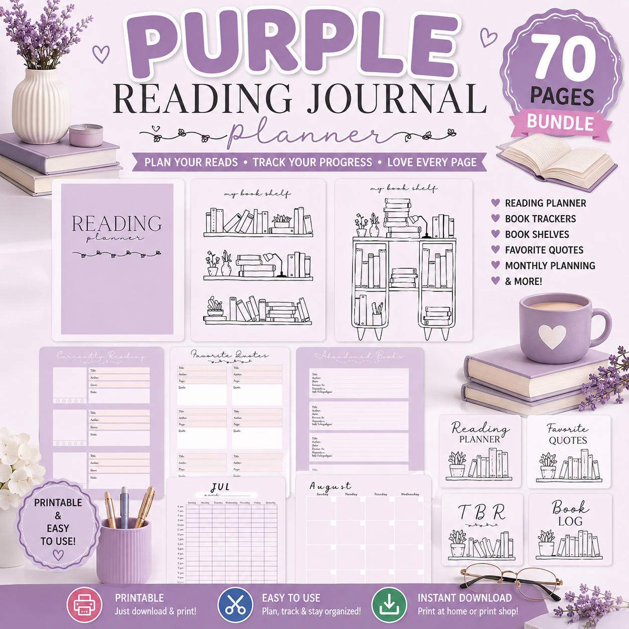 Purple Reading Journal Planner Printable PDF | 70 Page Book Tracker & Reading Log