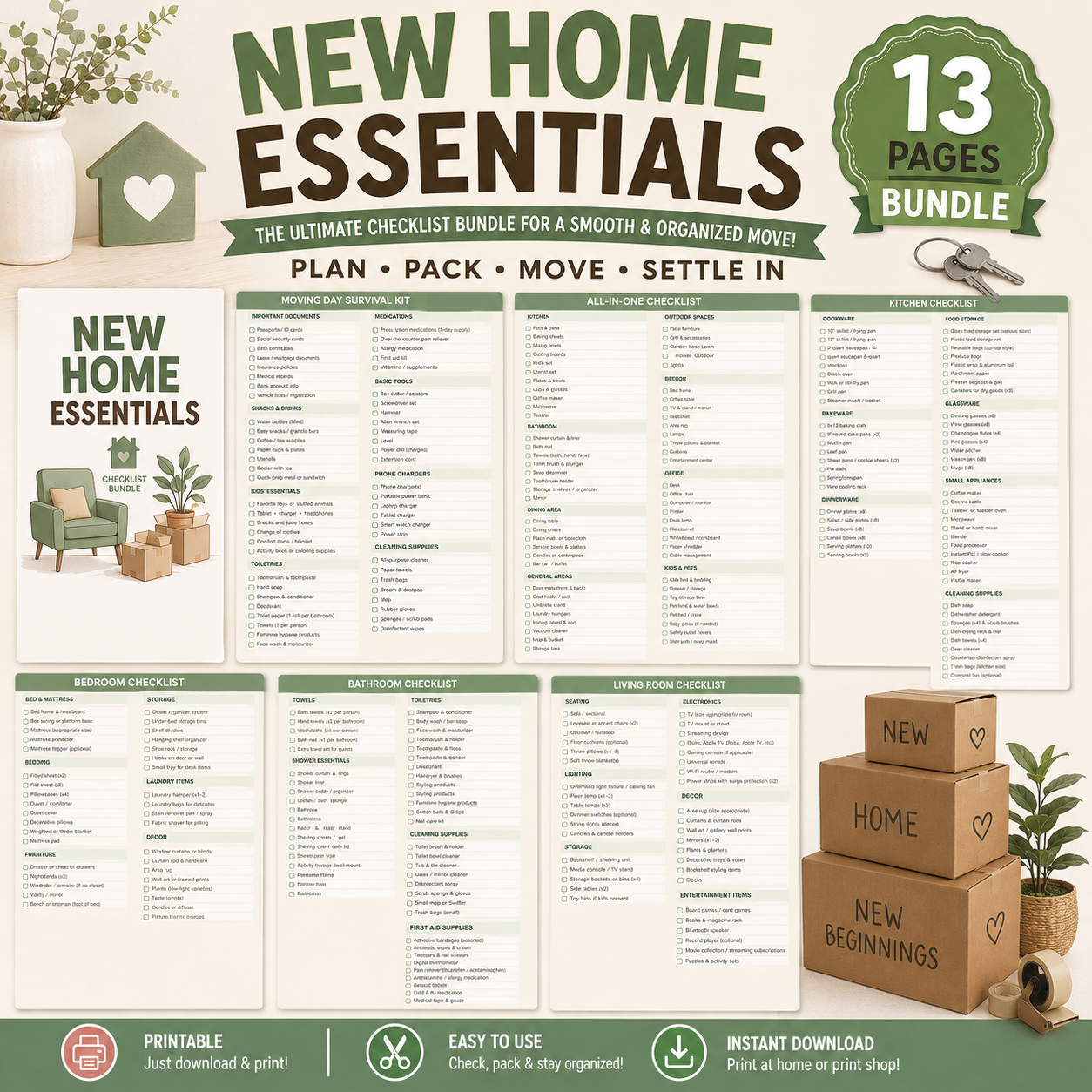 New Home Essentials Checklist Printable PDF – Moving House Planner & Home Setup Organizer