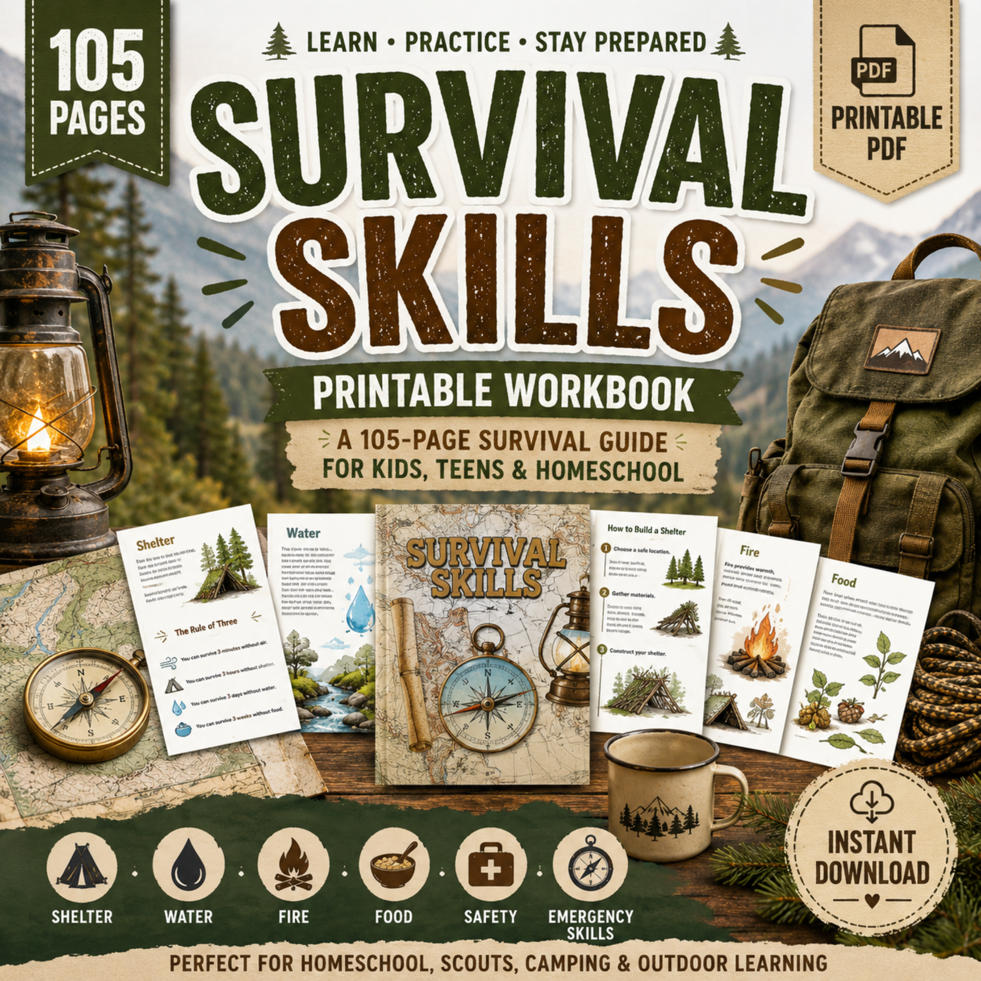 Hero image featuring a Survival Skills Printable Workbook PDF with a 105-page homeschool survival guide, printable pages, camping gear, backpack, compass, and outdoor learning resources.