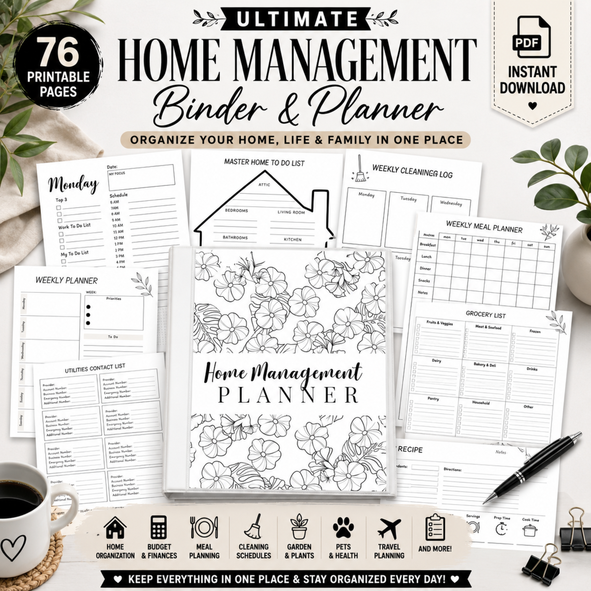Ultimate Home Management Binder & Planner Printable PDF with 76 printable pages for meal planning, budgeting, cleaning schedules, grocery lists, and home organization.