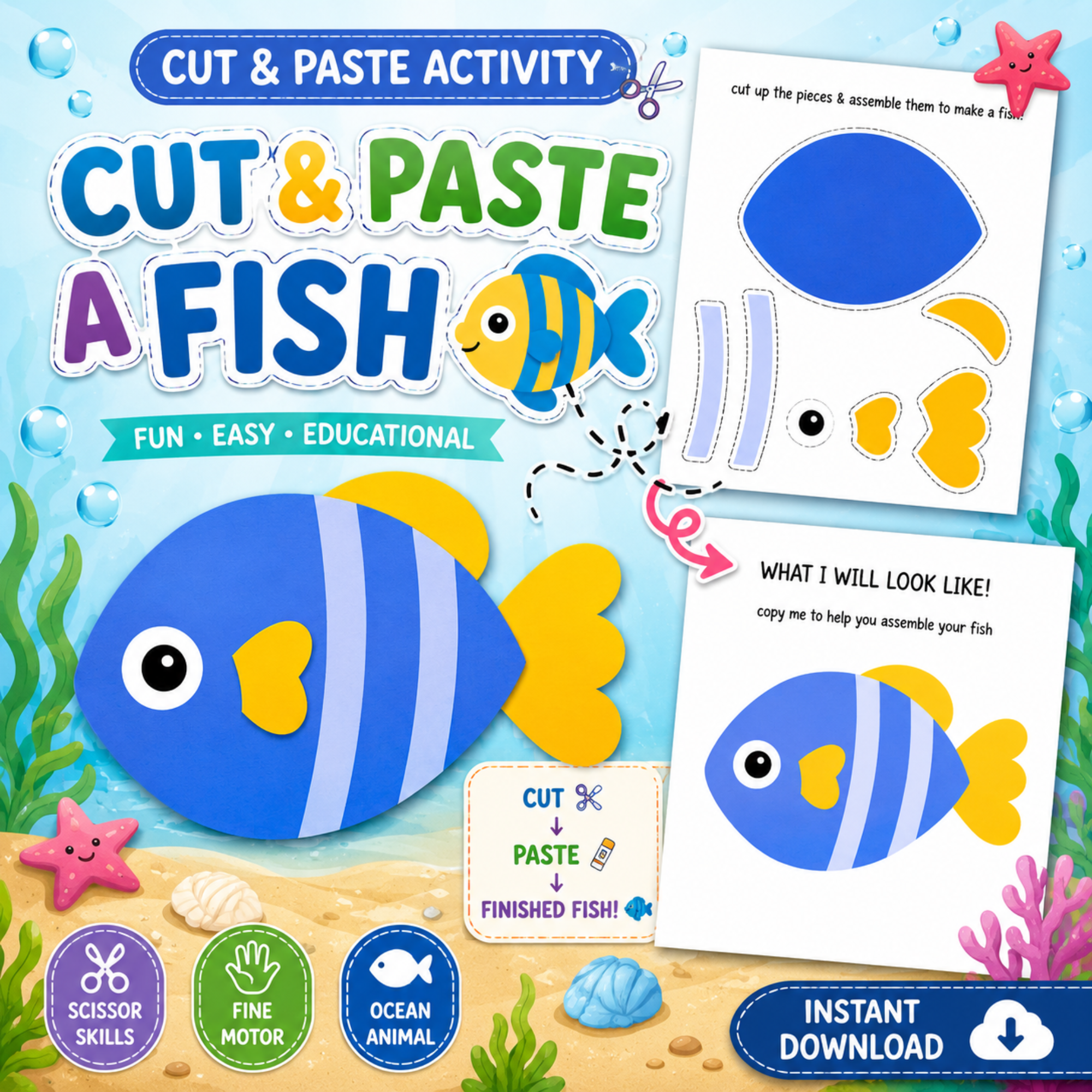 Colorful Cut & Paste Fish Printable worksheet for preschool and kindergarten children featuring an ocean-themed scissor skills and fine motor activity PDF.