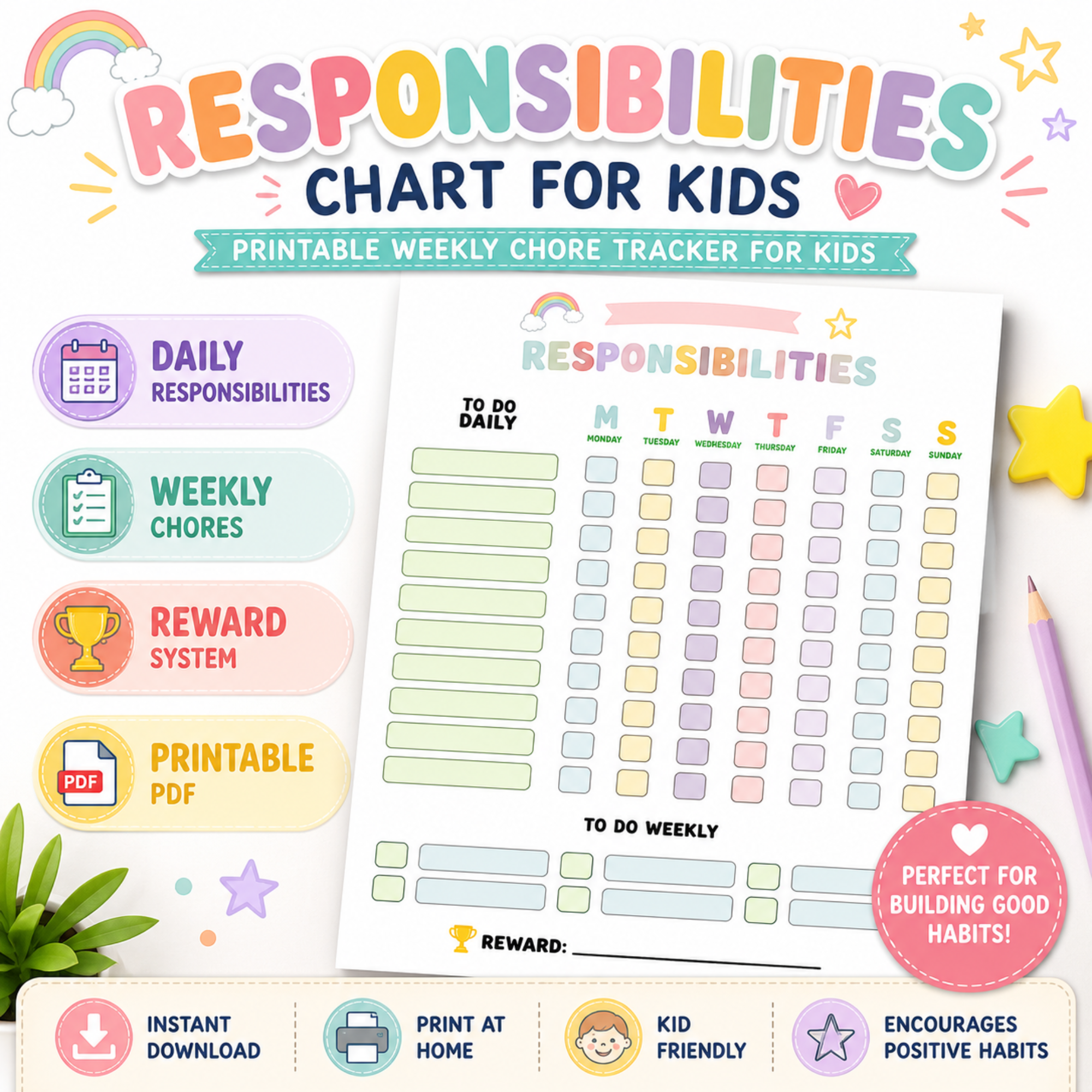 Colorful hero image featuring a printable kids responsibility chart with daily tasks, weekly chores, reward system, and instant digital download icons in a pastel rainbow theme.