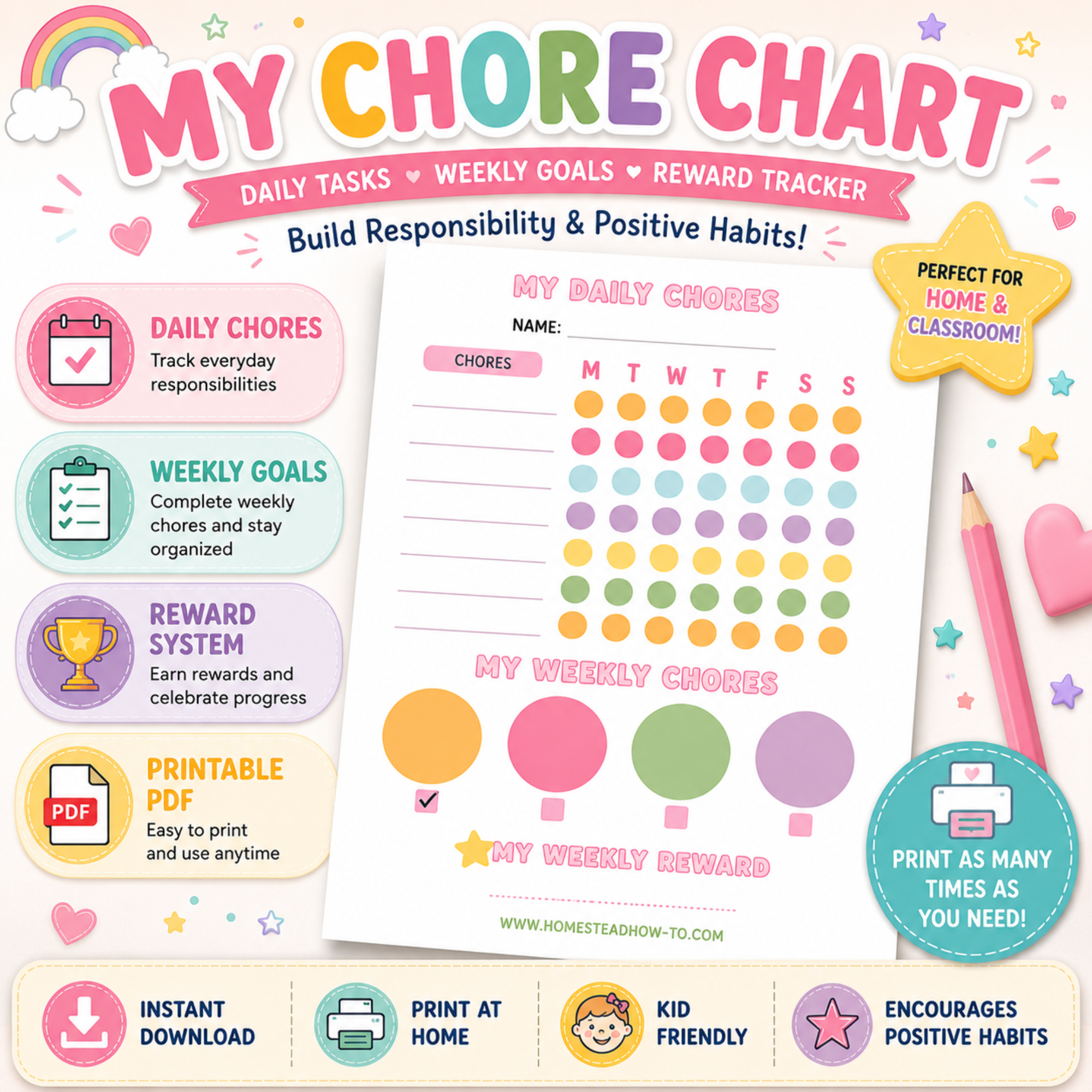Colorful hero image featuring a printable kids chore chart with daily task tracking, weekly goals, reward system, printable PDF icons, and pastel graphics for home and classroom use.