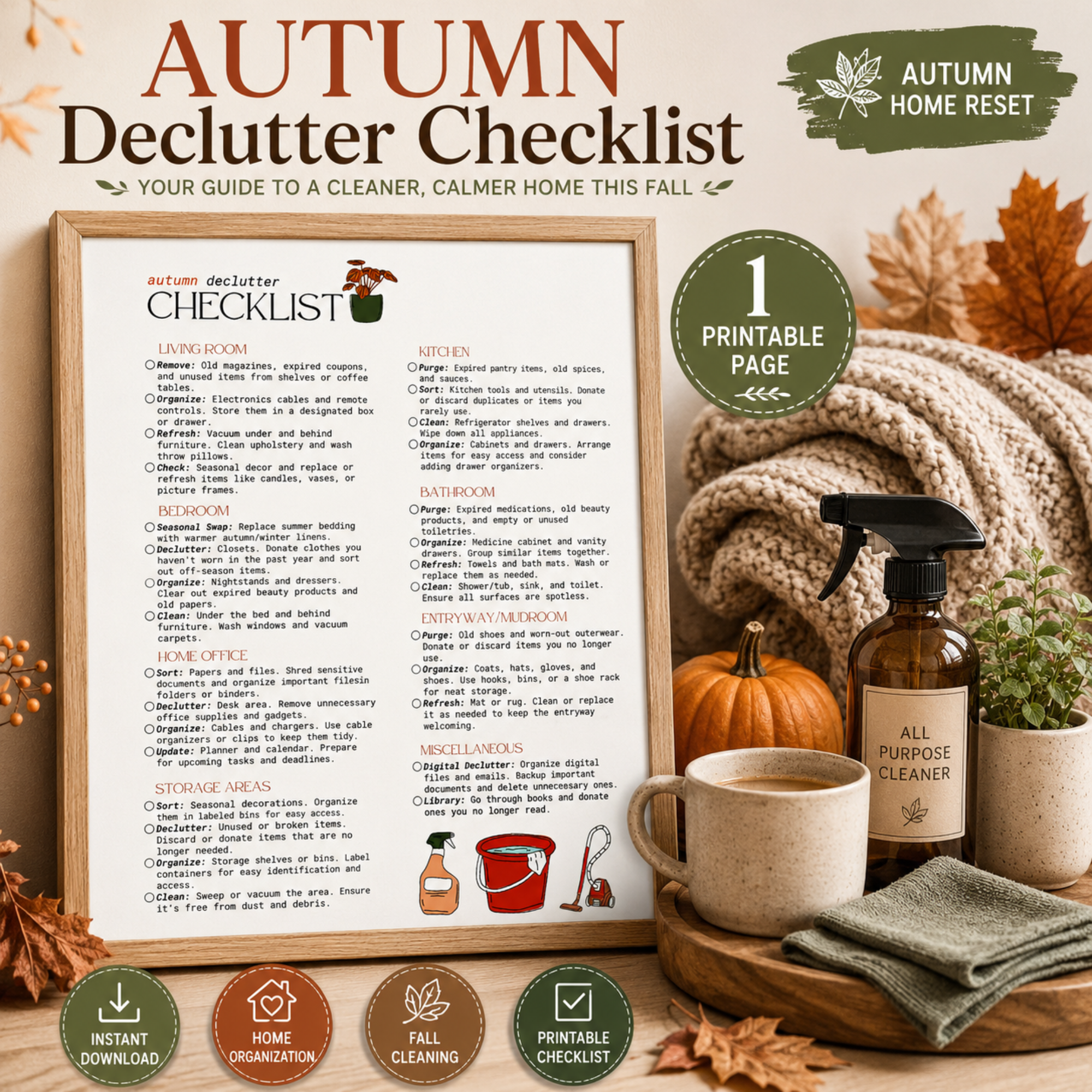 Autumn Declutter Checklist printable featuring a room-by-room fall cleaning and home organization checklist for seasonal home reset and minimalist living.