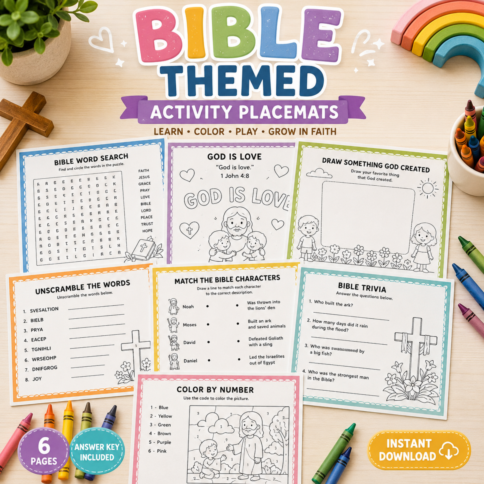 Bible themed activity placemats printable for kids with word search, coloring, Bible trivia, matching games, and Christian learning activities.