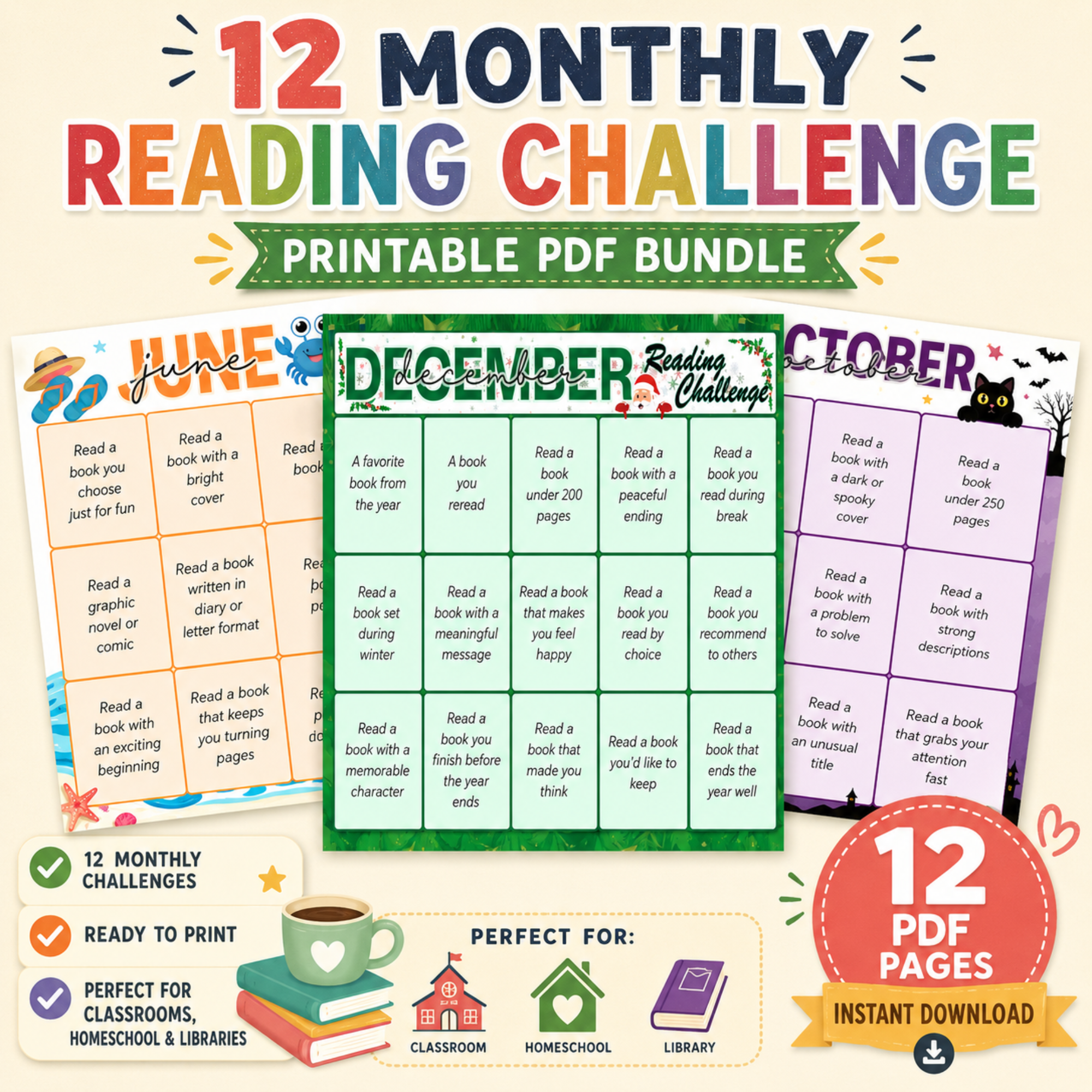 Hero image of a printable 12 Monthly Reading Challenge PDF bundle featuring themed reading challenge worksheets for every month, perfect for classrooms, homeschool, and libraries.