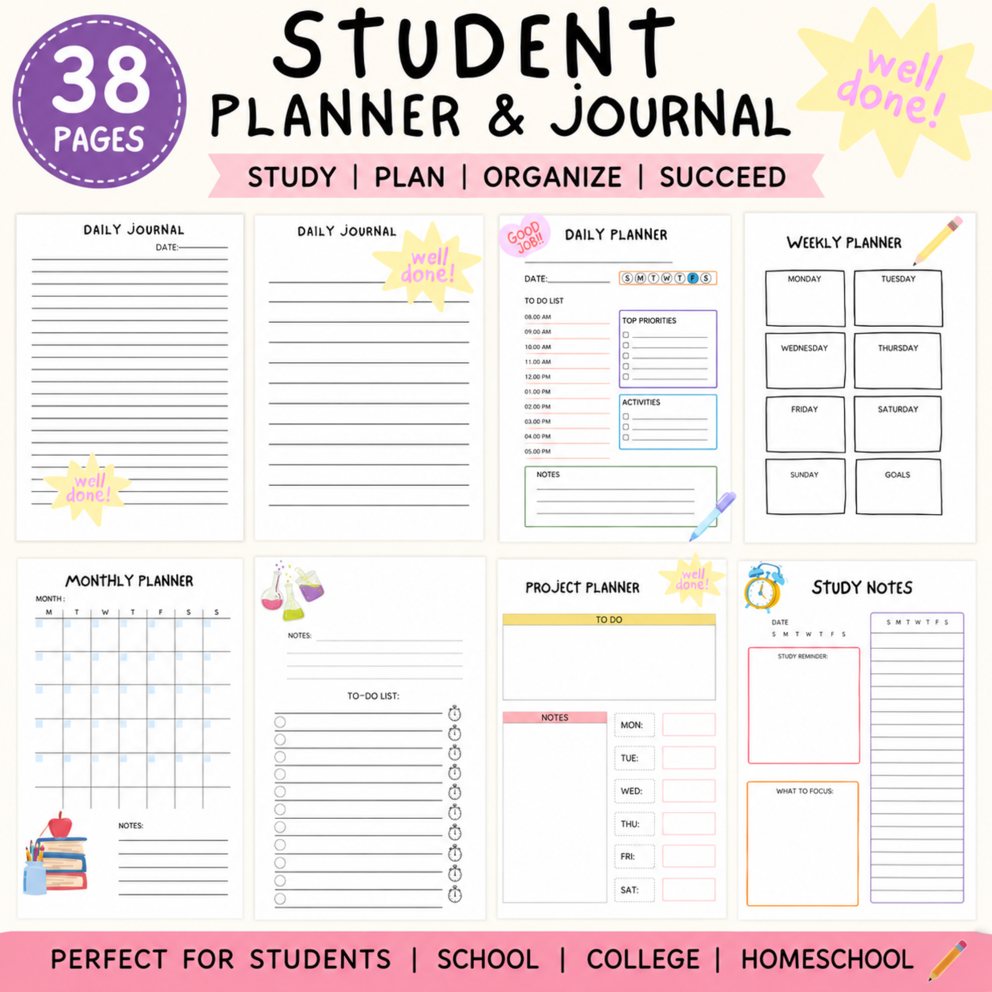 Student planner and journal printable bundle featuring 38 pages of daily and weekly planners, monthly calendar, project planner, study notes, to-do lists, and organization pages for school, college, and homeschool.