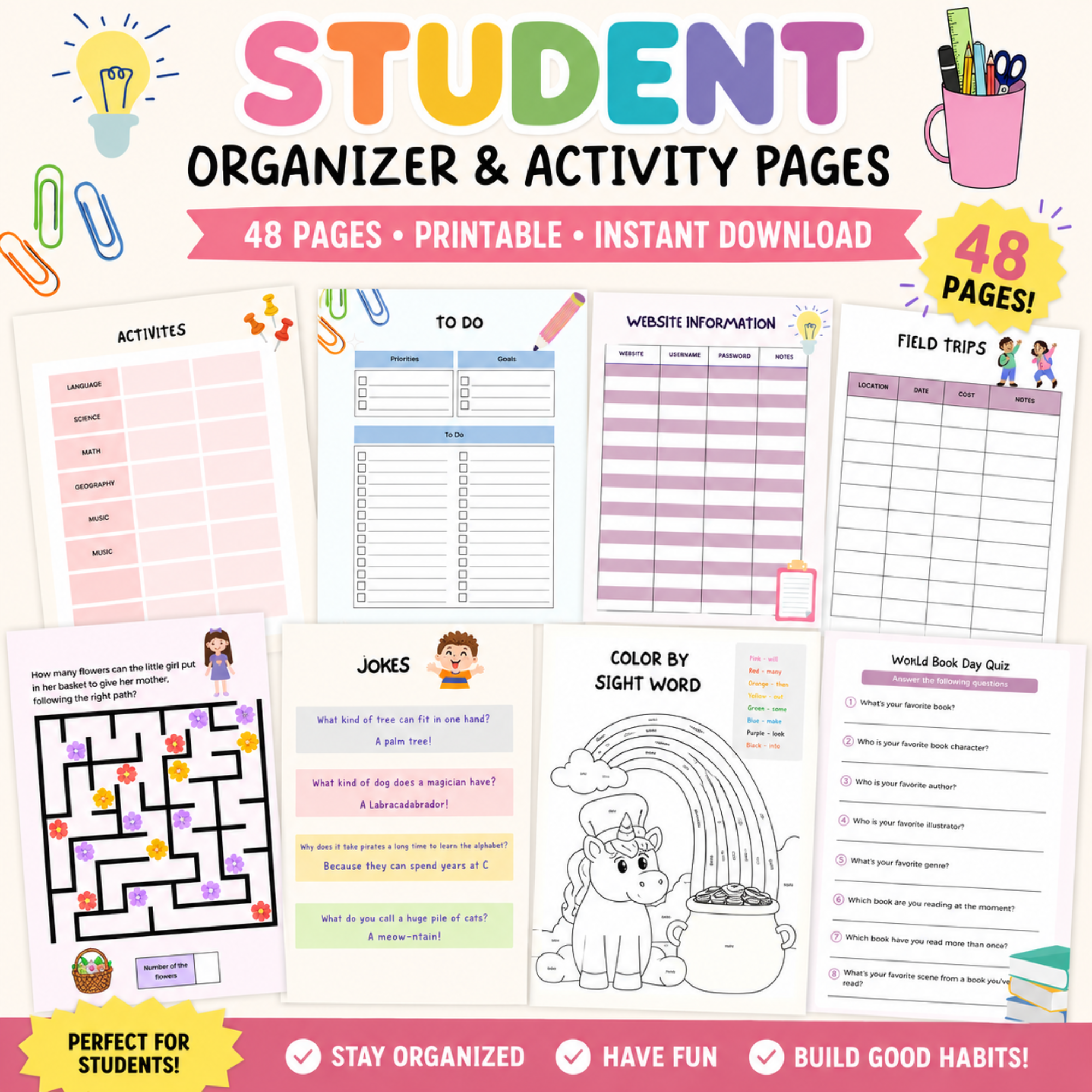 Student Organizer and Activity Pages printable featuring 48 pages of planning, to-do lists, activity tracking, website information, field trips, jokes, coloring activities, puzzles, and educational worksheets.