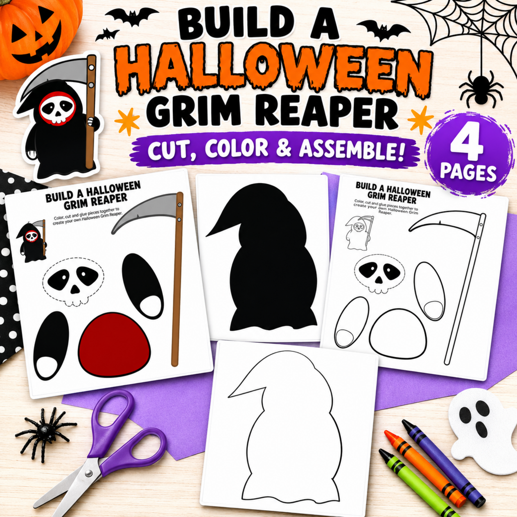 Build a Halloween Grim Reaper printable craft with four worksheet pages, including color and black-and-white Grim Reaper templates, skull, scythe, and cut-and-paste pieces.