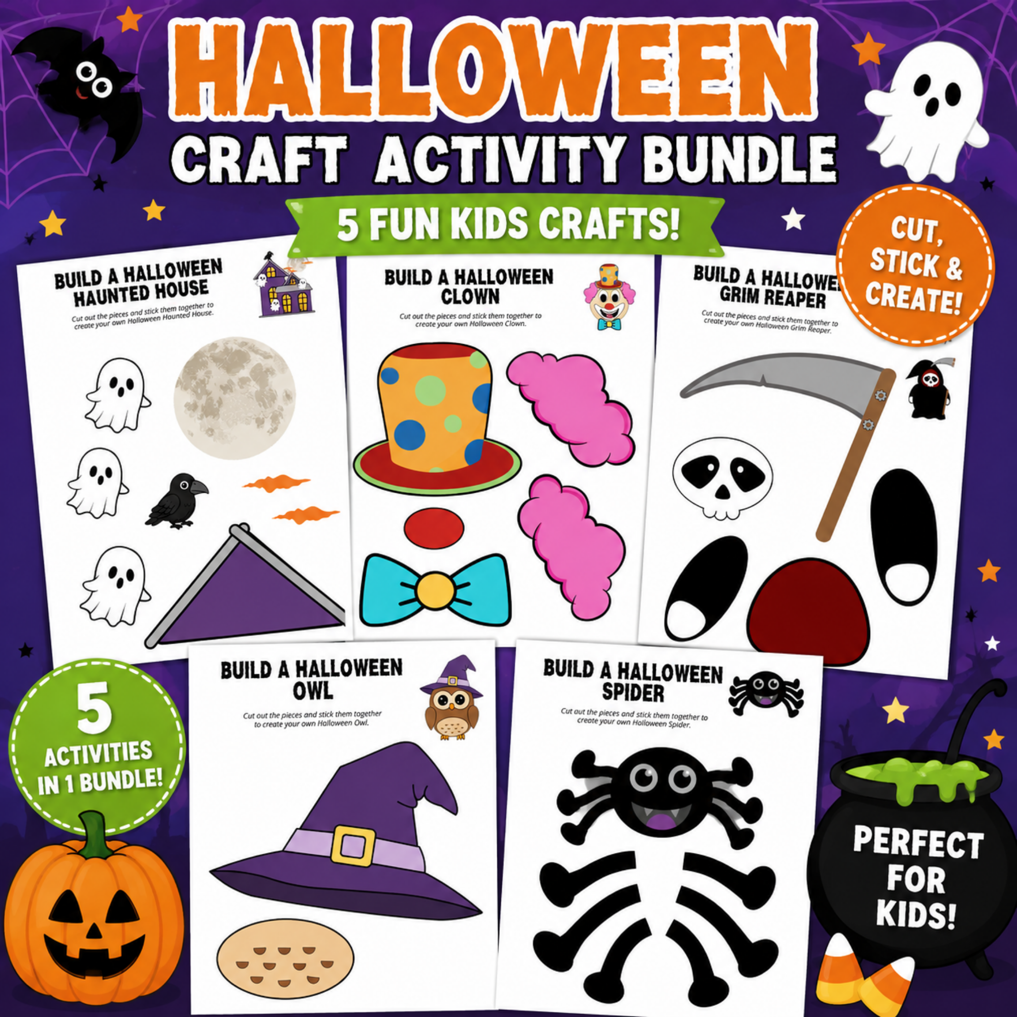Halloween craft bundle featuring five printable activities for kids: haunted house, clown, grim reaper, owl, and spider crafts.