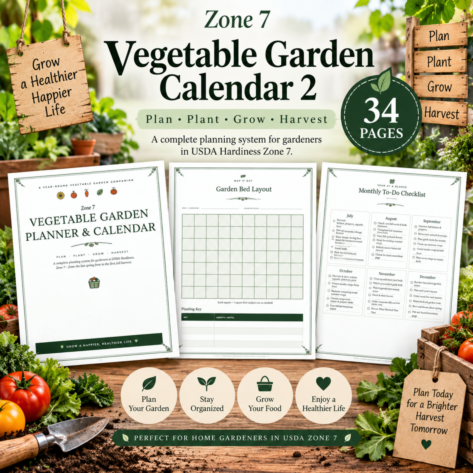 Zone 7 Vegetable Garden Calendar 2 with 34-page printable garden planner, garden bed layout, and monthly to-do checklist pages