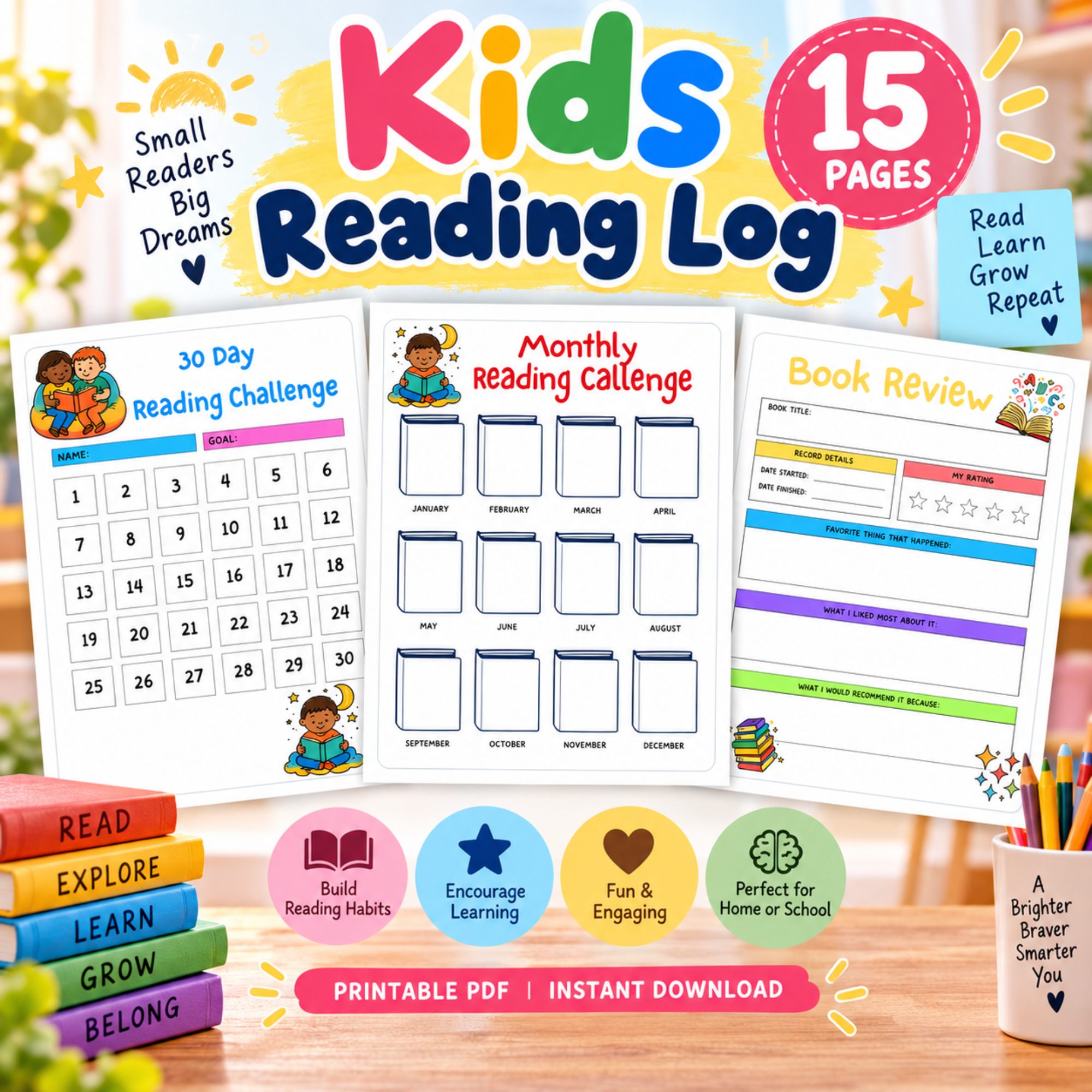 Kids Reading Log printable with reading challenges, monthly reading tracker, and book review worksheet