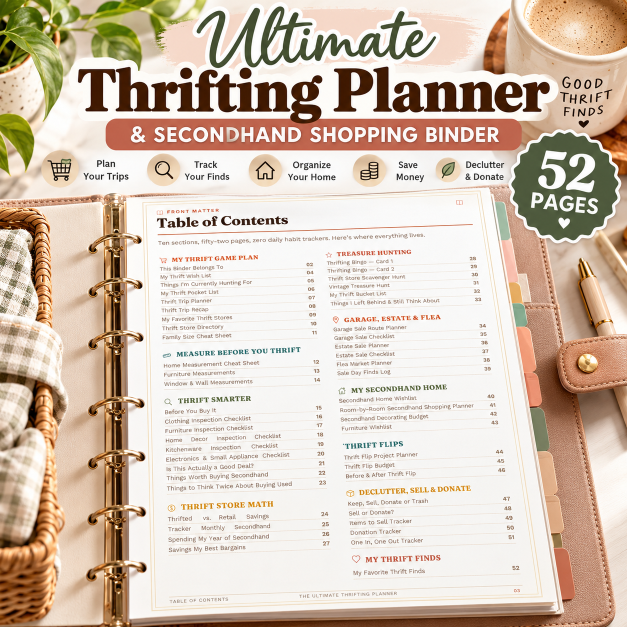 Ultimate Thrifting Planner and Secondhand Shopping Binder featuring a 52-page Table of Contents with thrift shopping planners, checklists, treasure hunting pages, garage and estate sale planners, home organization, thrift flip planning, and decluttering trackers.