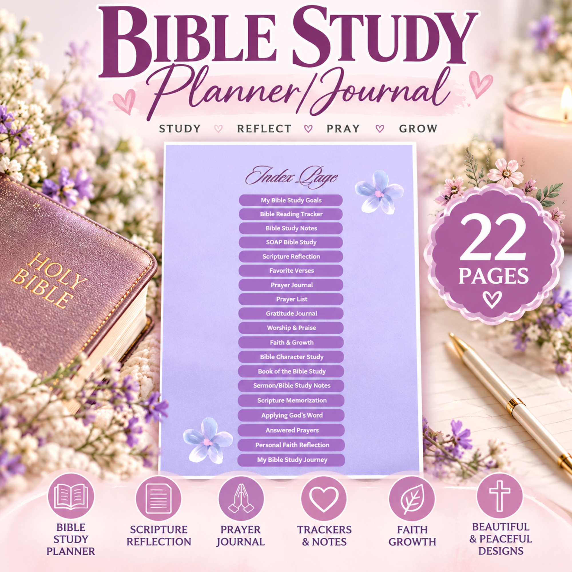 Bible Study Planner & Journal Printable – 22 Page Christian Study Workbook