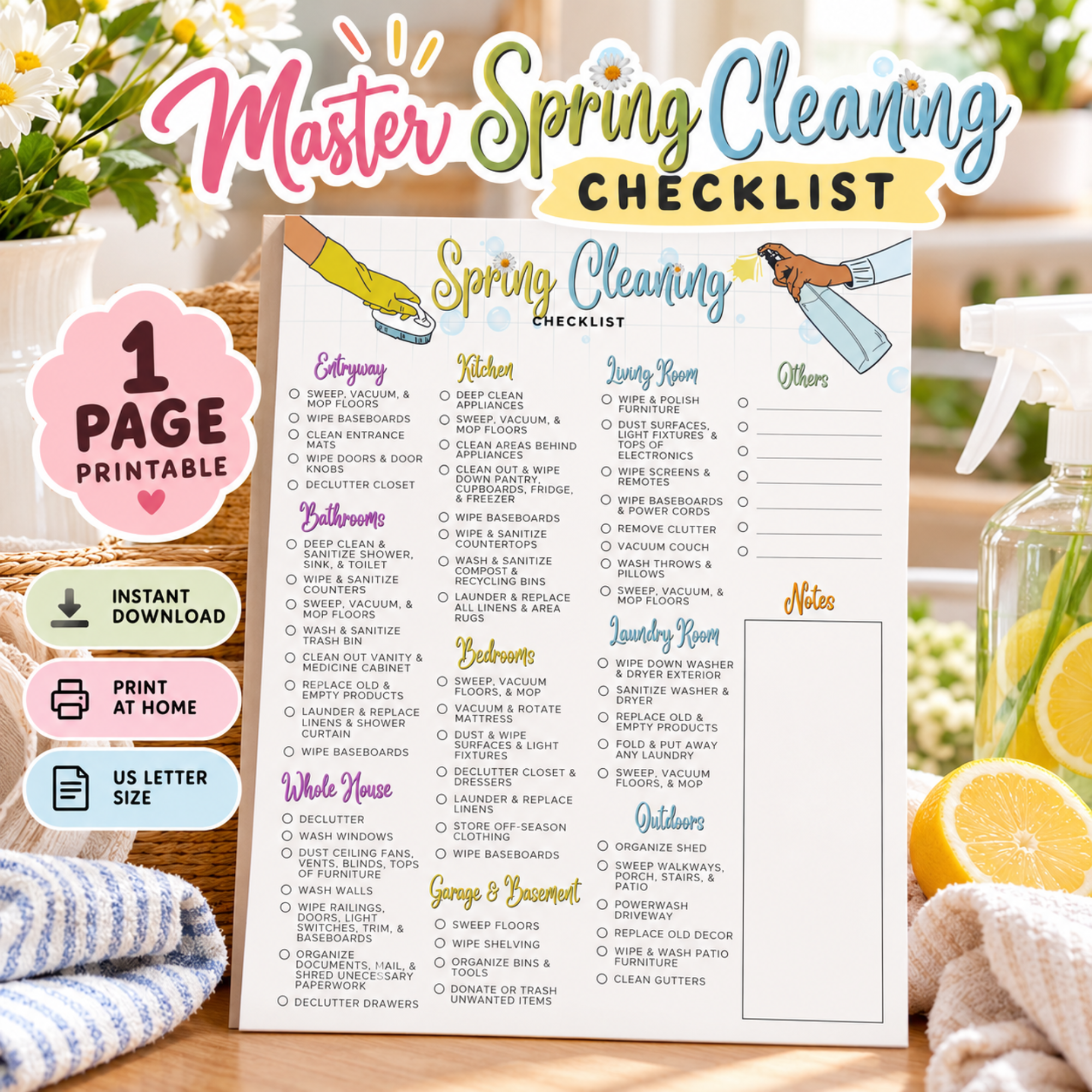 Master Spring Cleaning Checklist printable displayed in a bright spring cleaning lifestyle scene with a one-page room-by-room cleaning checklist and 1 Page Printable badge.