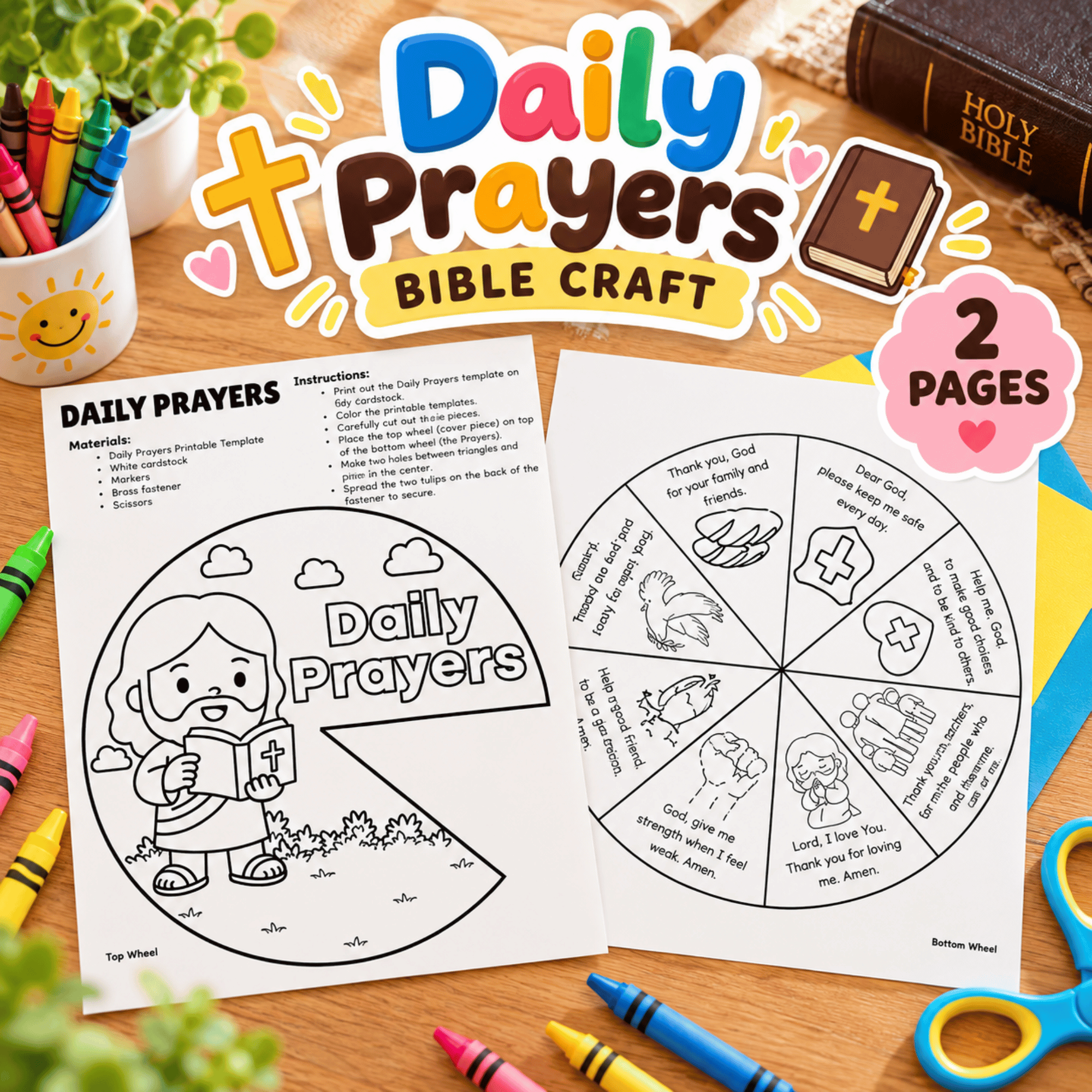 Daily Prayers Bible Craft printable featuring two activity pages, a prayer wheel, Bible-themed illustrations, and a 2 Pages badge.