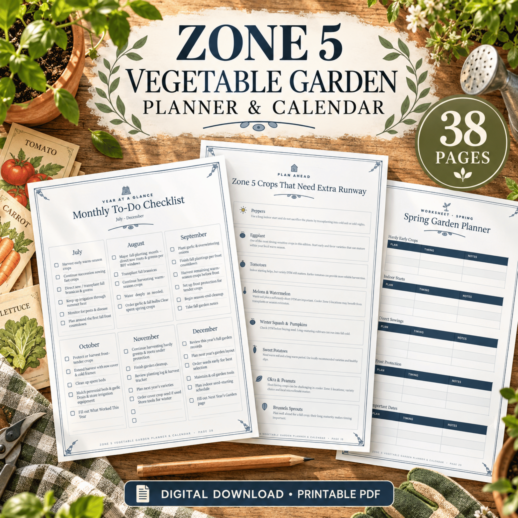 Zone 5 Vegetable Garden Planner and Calendar &ndash; 38-Page Printable PDF