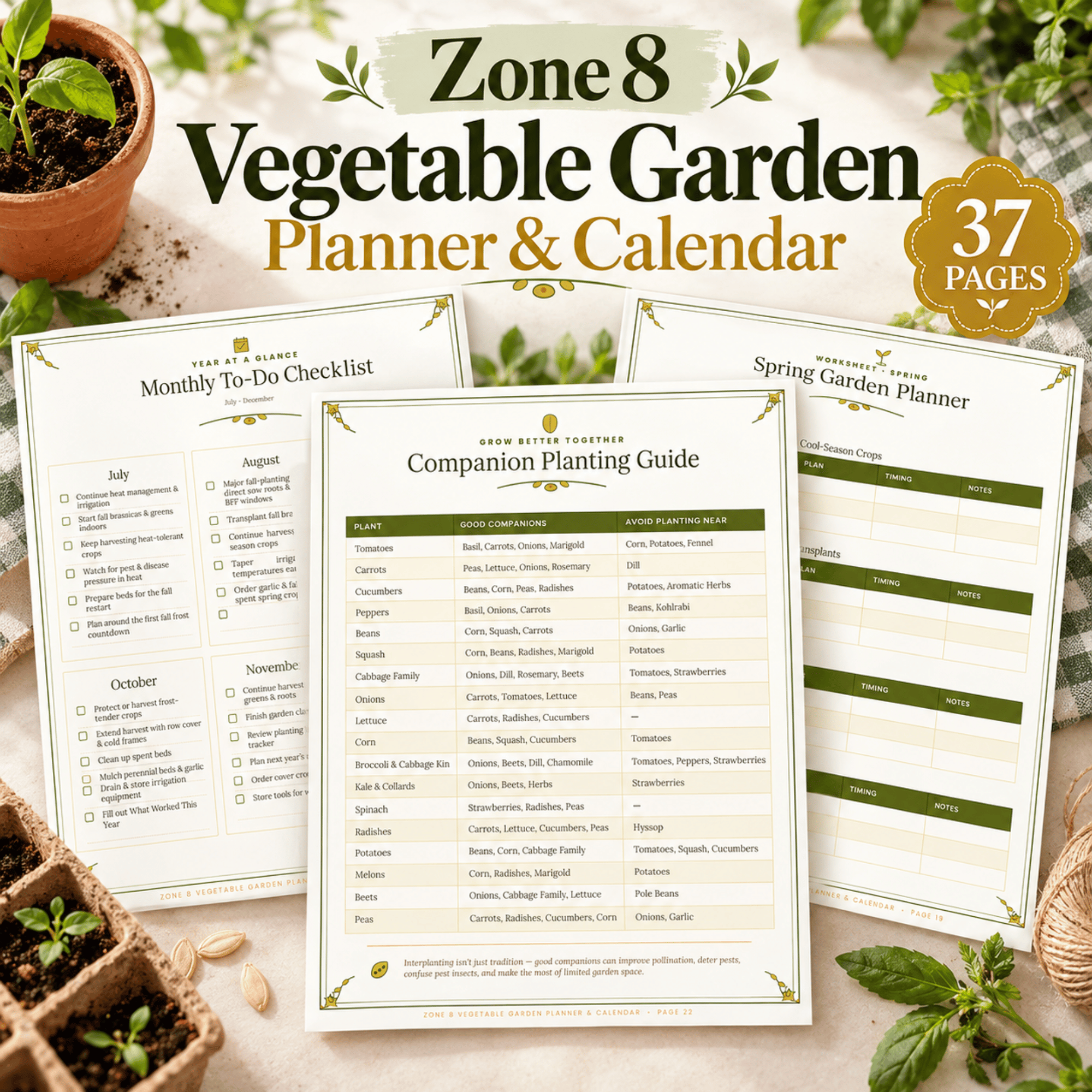 Zone 8 Vegetable Garden Planner & Calendar &ndash; 37-Page Printable