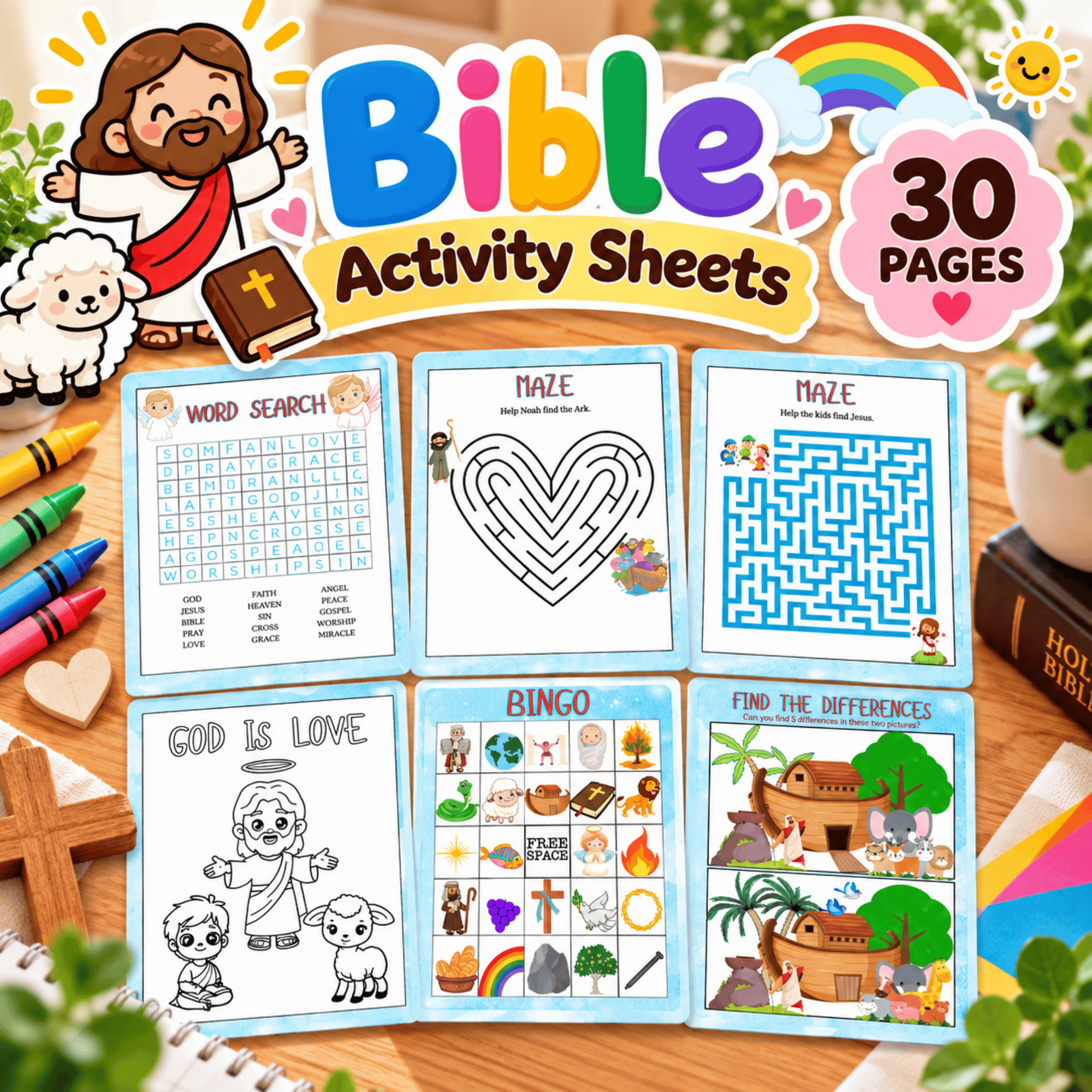 Bible Activity Sheets printable featuring word search, mazes, bingo, coloring, and find-the-differences activities with a 30-page badge.