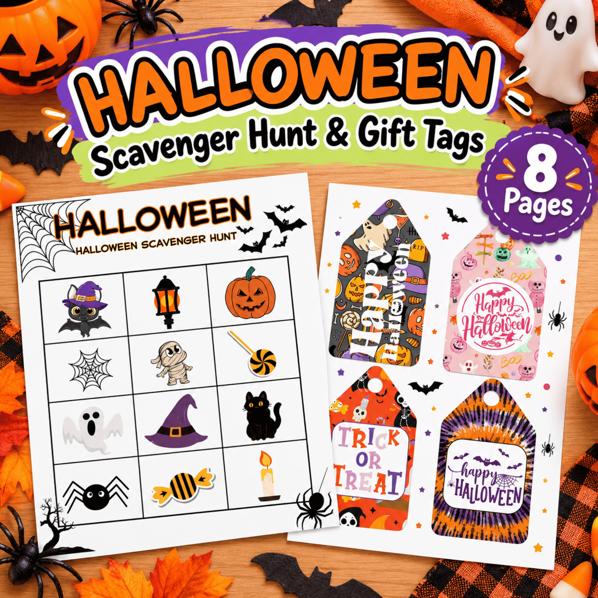 Halloween Scavenger Hunt & Gift Tags Printable Bundle &ndash; 8 Pages