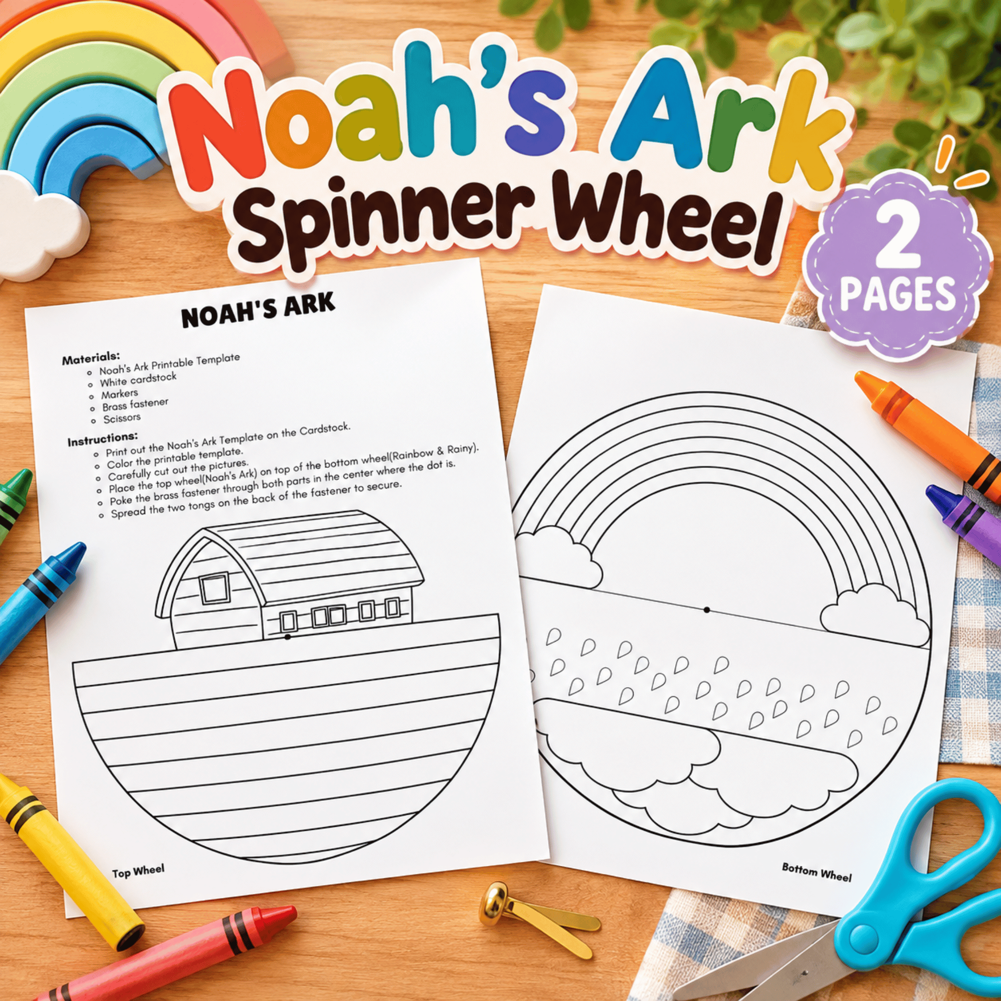 Noah's Ark spinner wheel printable Bible craft with two coloring pages featuring Noah's Ark, a rainbow, rain, and clouds