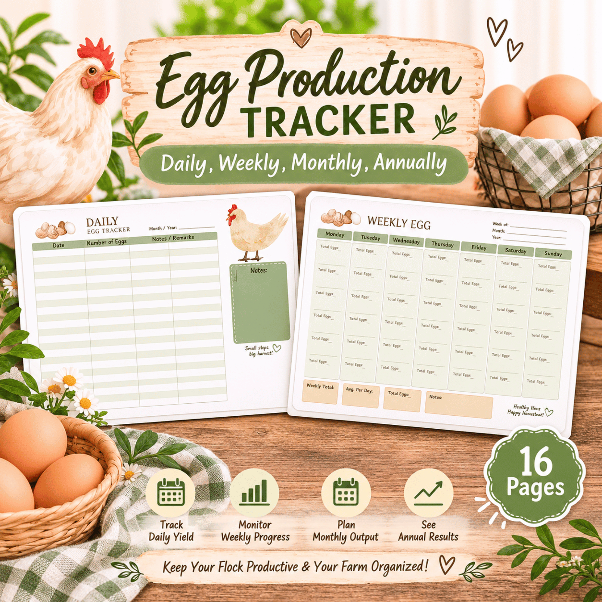 Egg Production Tracker Printable – 16-Page Daily, Weekly, Monthly & Annual Chicken Egg Log