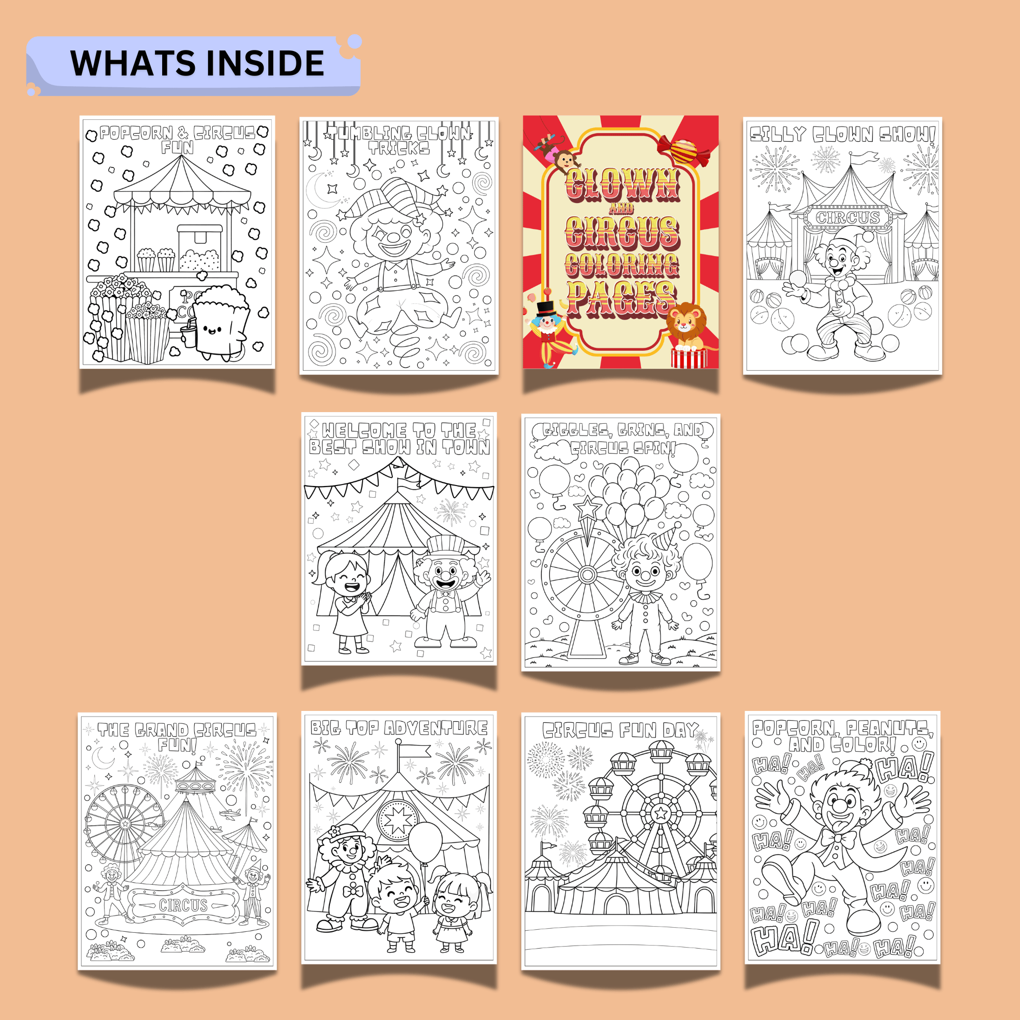 Clown and Circus Coloring Pages for Kids – 20-Page Printable PDF 2 Clown and Circus Coloring Pages for Kids – 20-Page Printable PDF - Image 2
